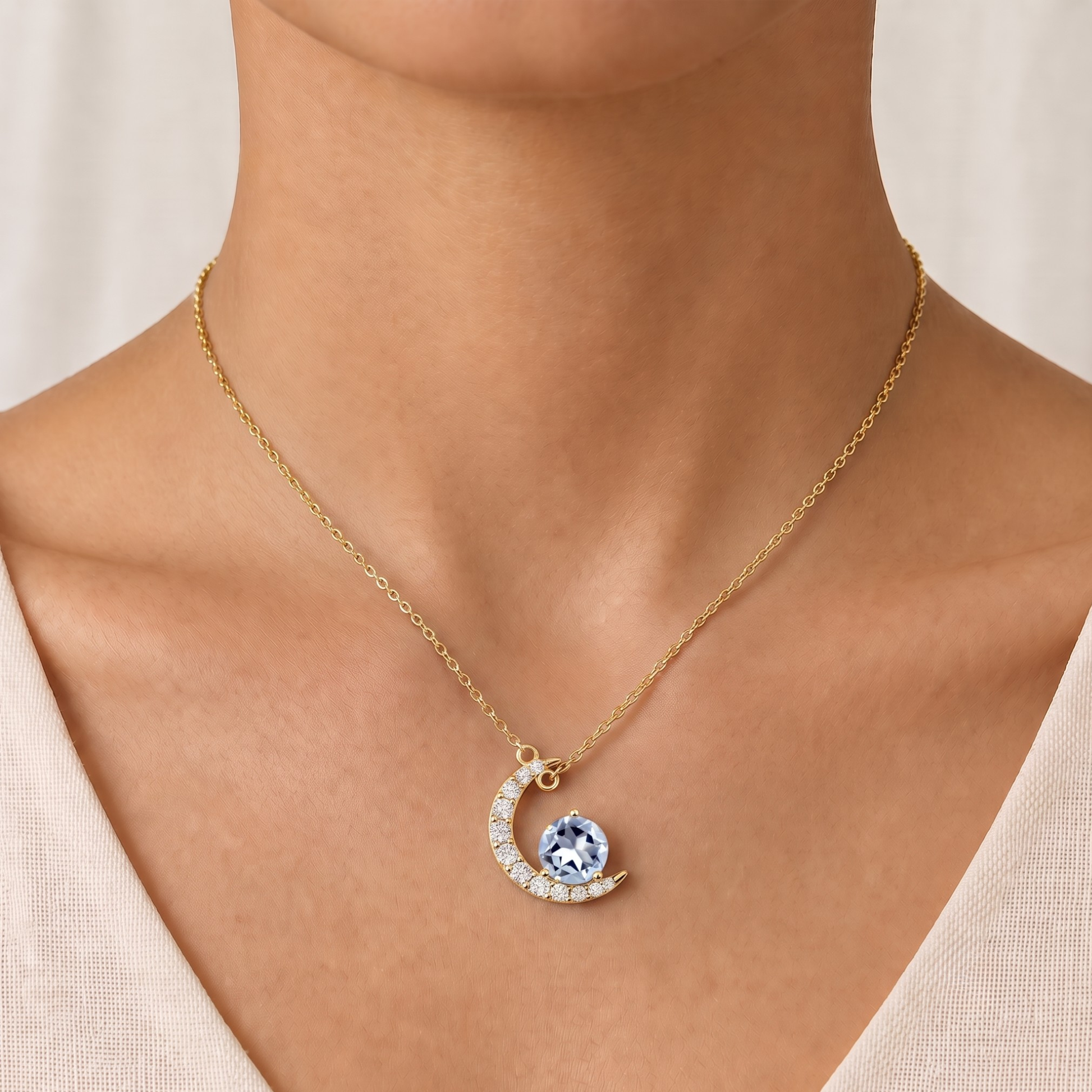 Aquamarine Crescent Moon Necklace In 14K Gold