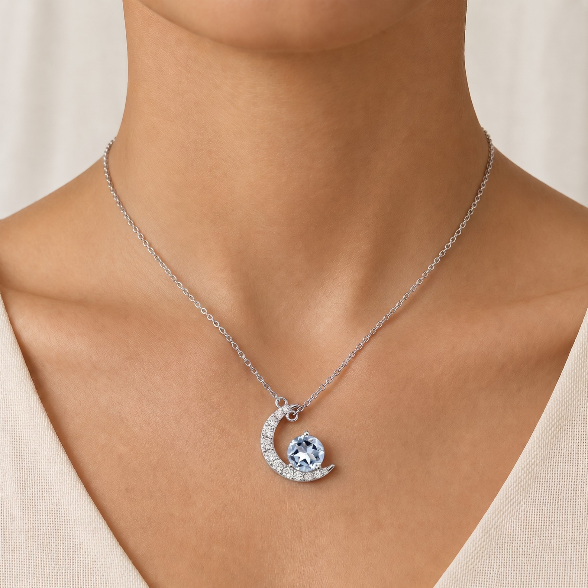 Aquamarine Crescent Moon Necklace In 14K Gold