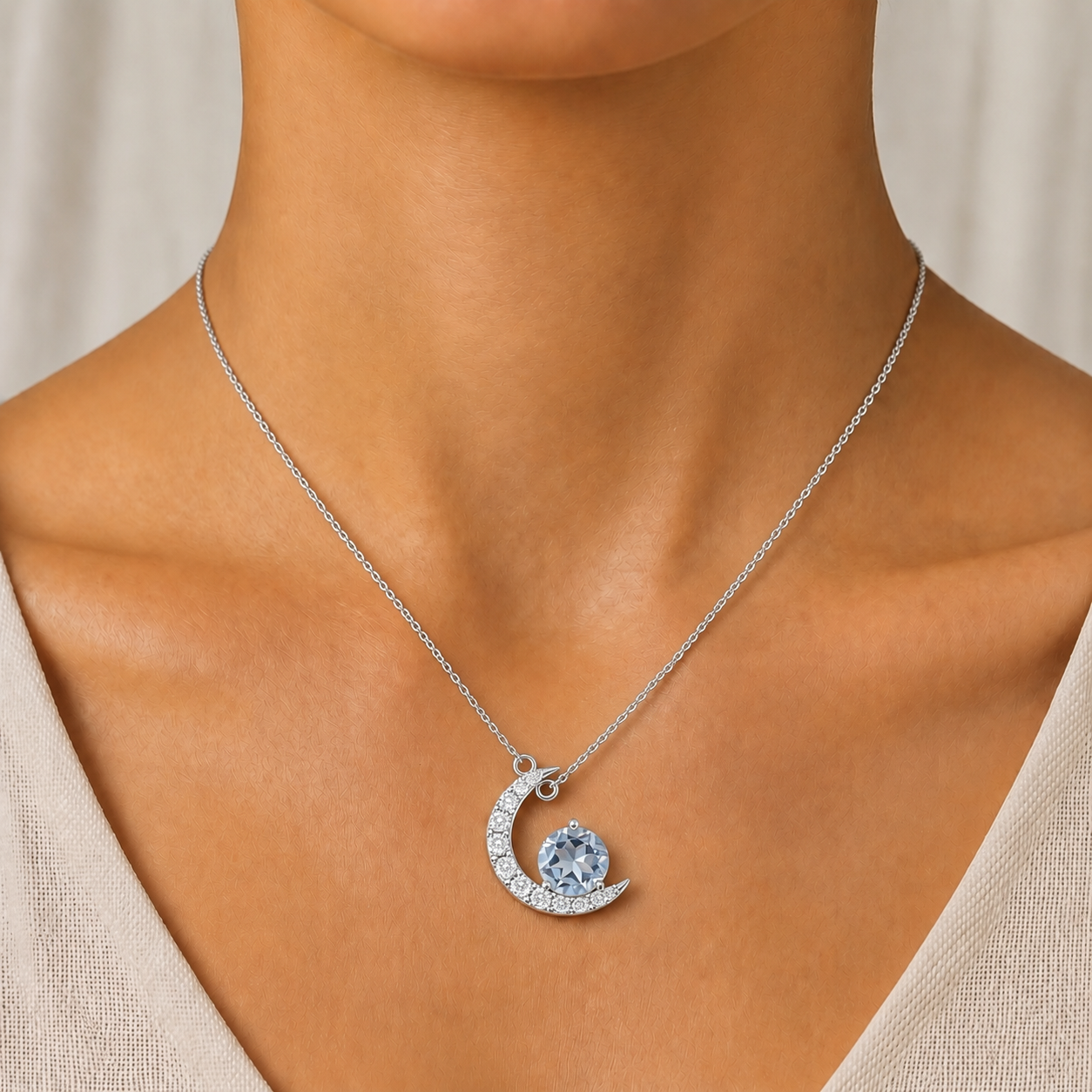 Aquamarine Crescent Moon Pendant In 14K Gold