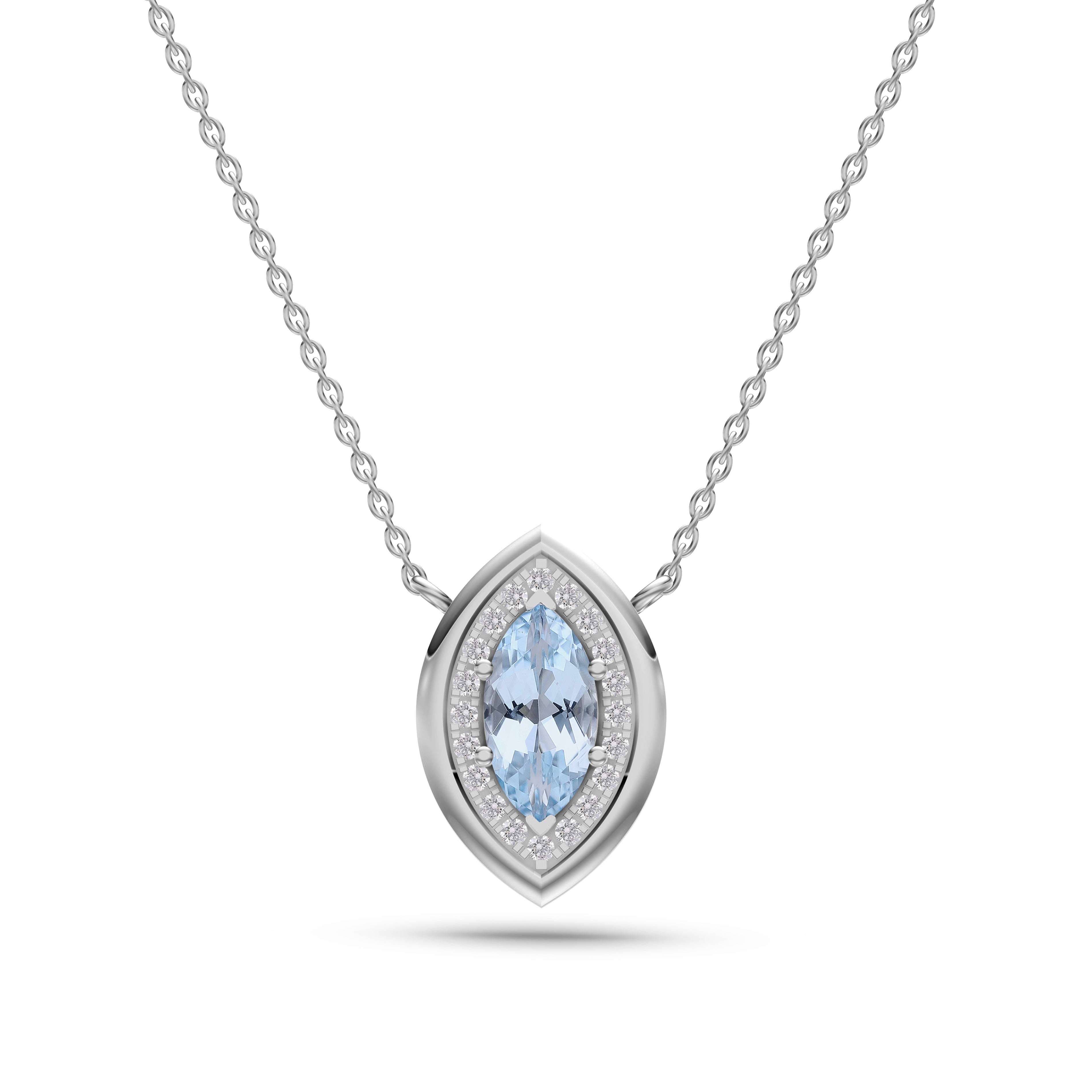 Aquamarine & Diamond Halo Pendant Necklace In 14K Gold