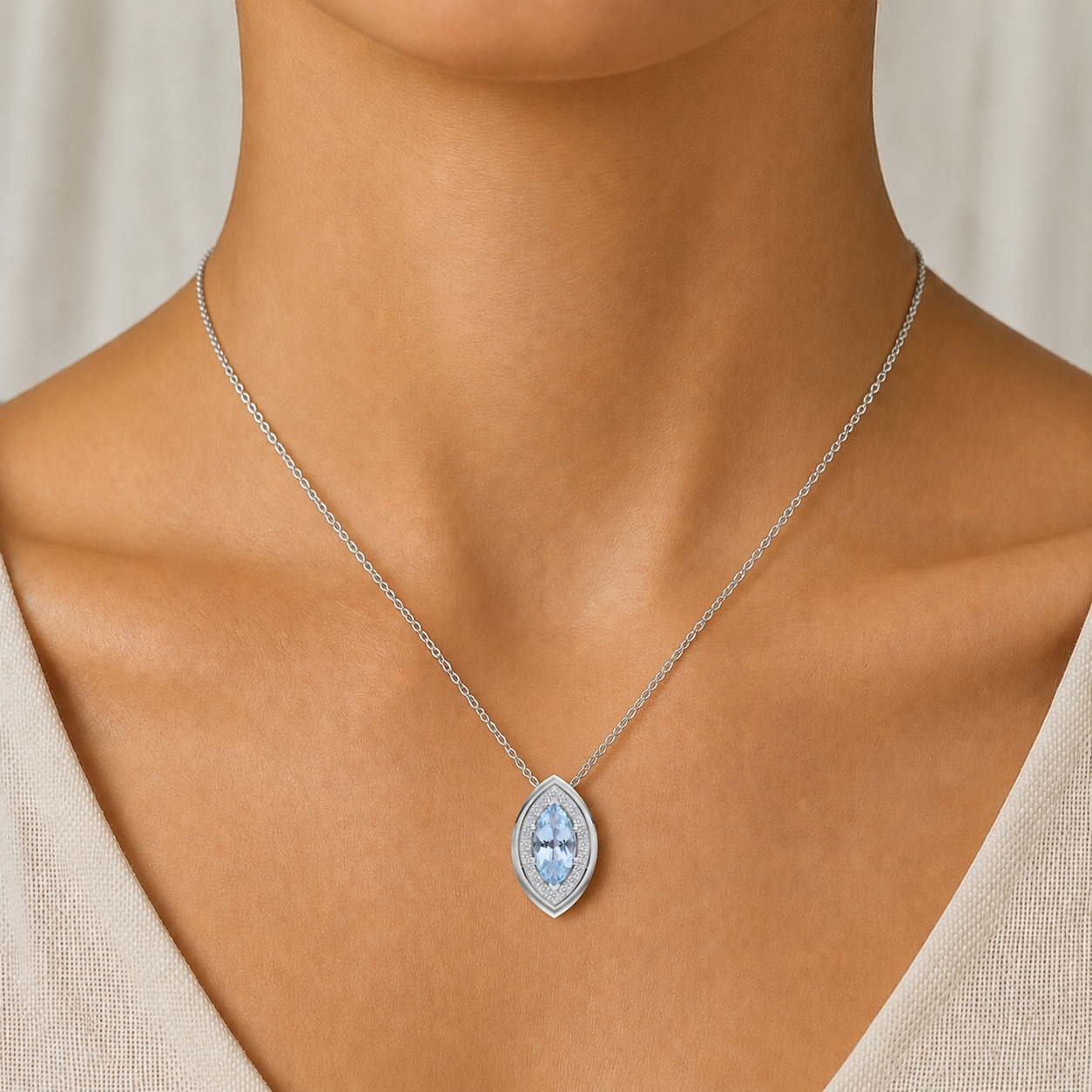 Aquamarine & Diamond Halo Pendant Necklace In 14K Gold