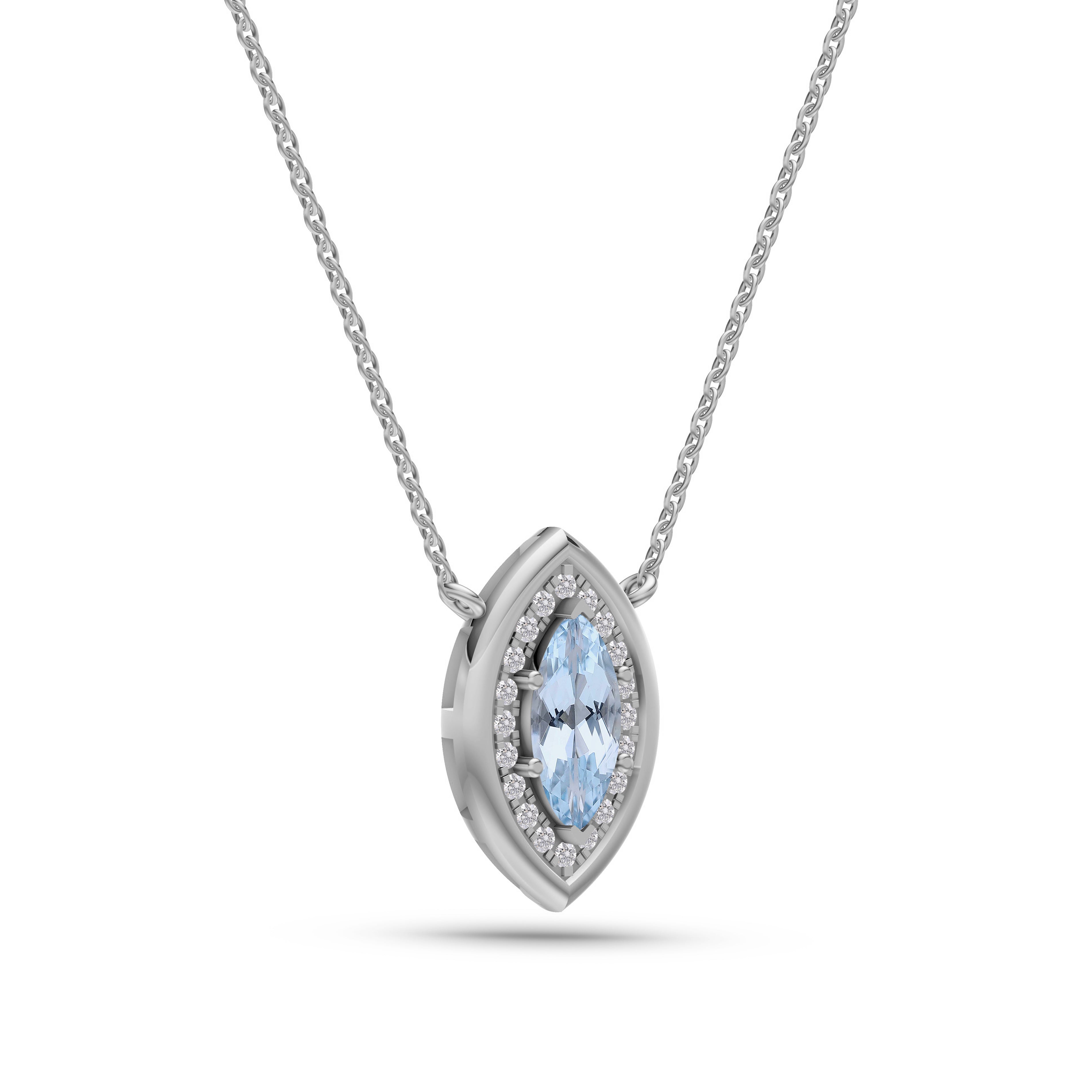 Aquamarine & Diamond Halo Pendant Necklace In 14K Gold
