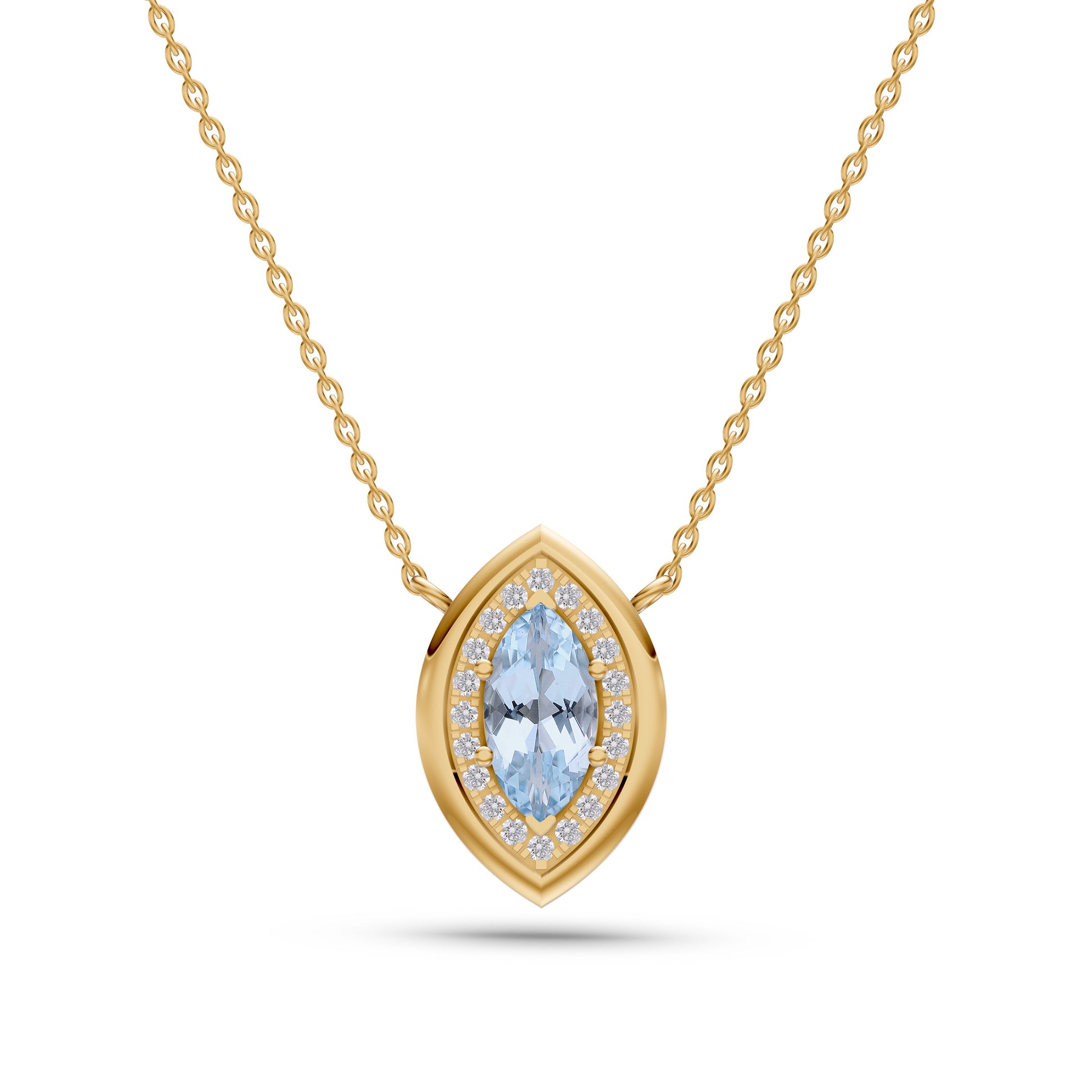 Aquamarine & Diamond Halo Pendant Necklace In 14K Gold