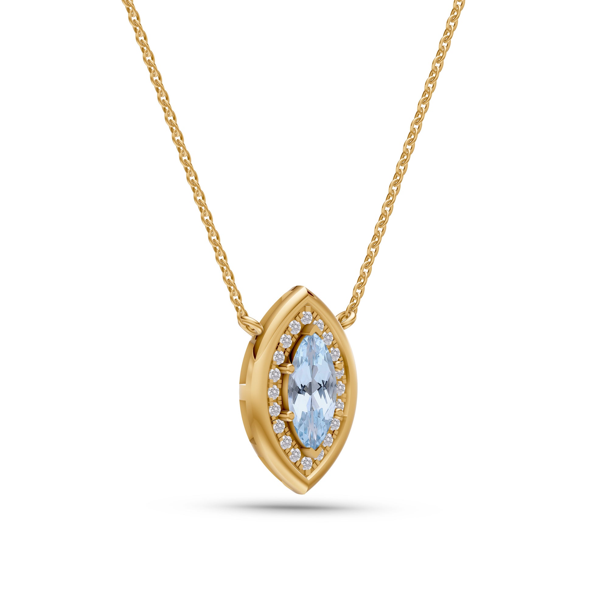 Aquamarine & Diamond Halo Pendant Necklace In 14K Gold