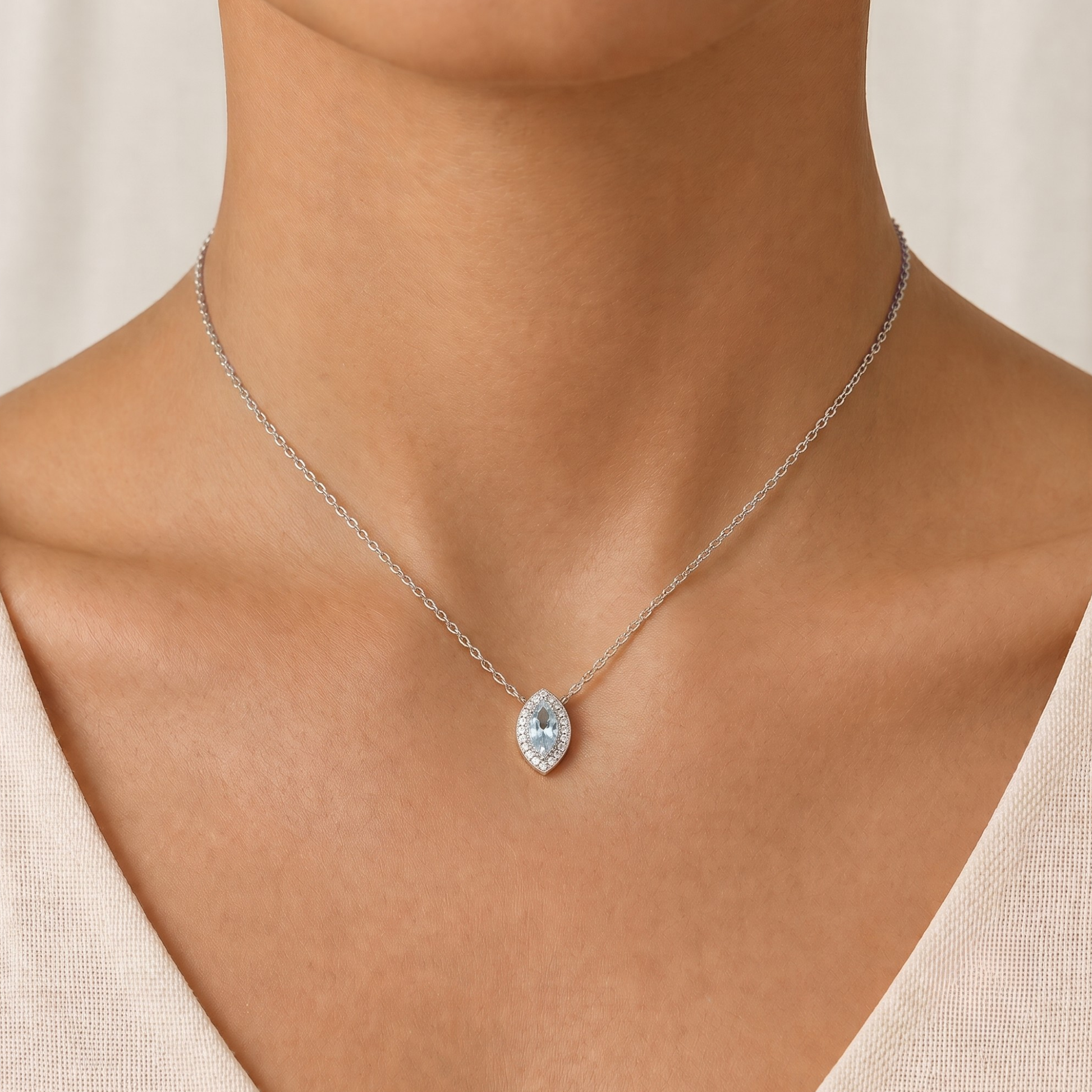 Aquamarine & Diamond Halo Pendant Necklace In 14K Gold