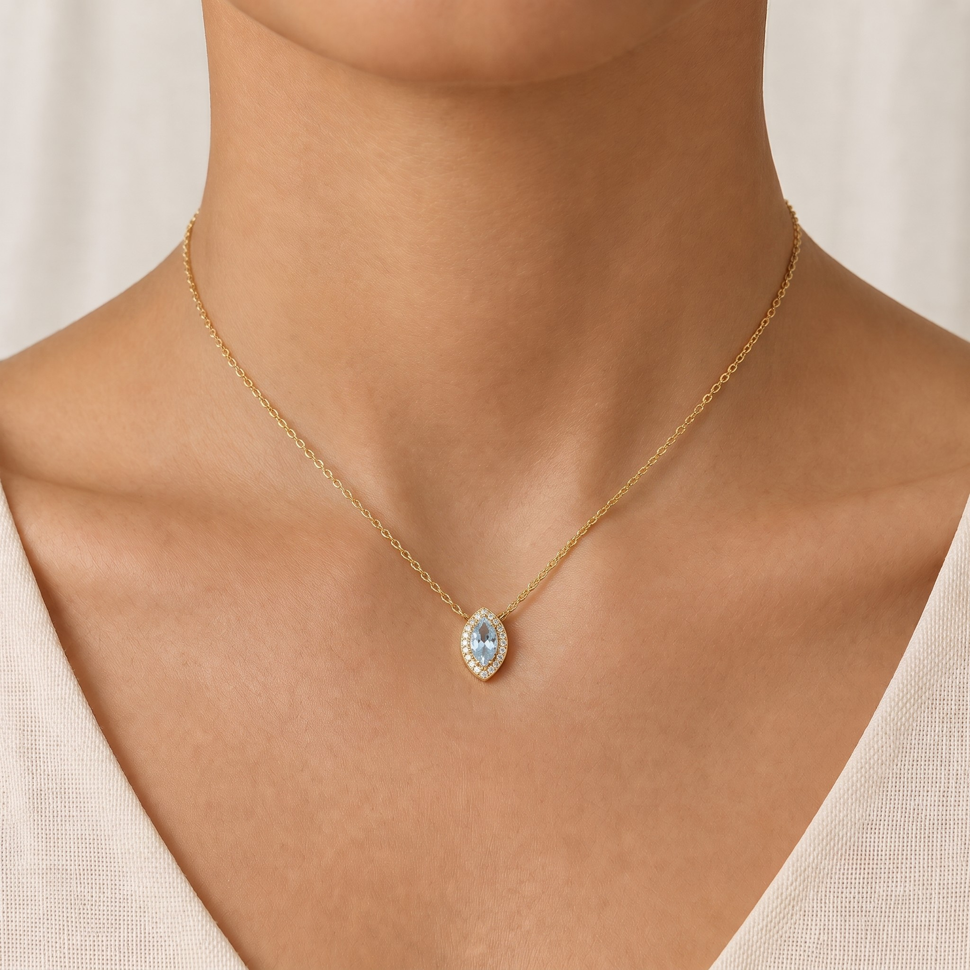 Aquamarine & Diamond Halo Pendant Necklace In 14K Gold