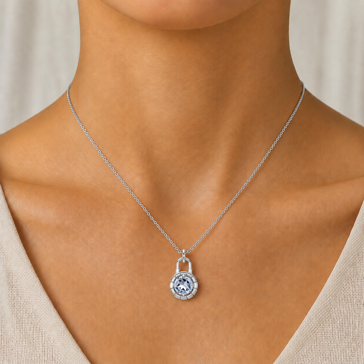 Aquamarine Lock Pendant Necklace In 14K Gold