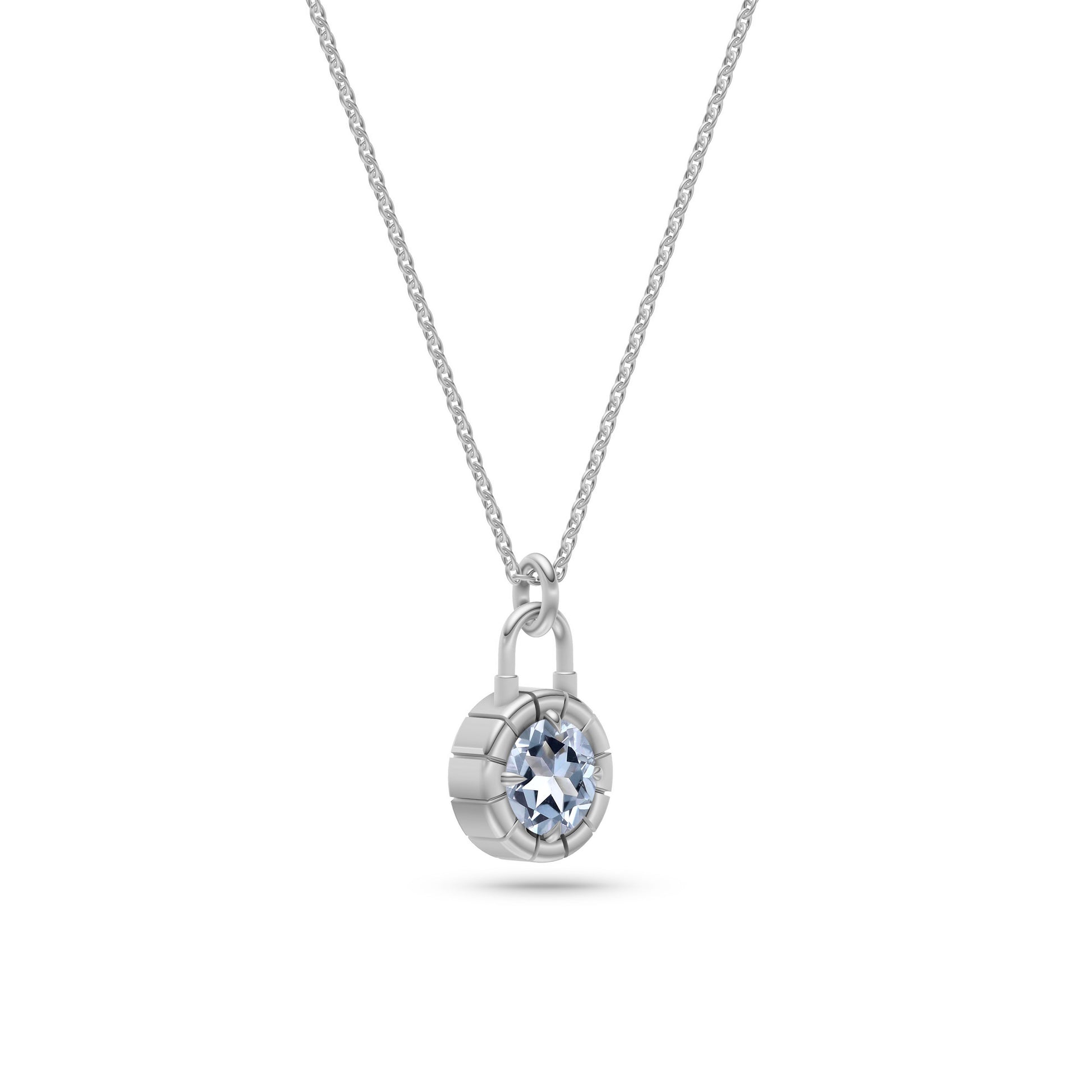 Aquamarine Lock Pendant Necklace In 14K Gold