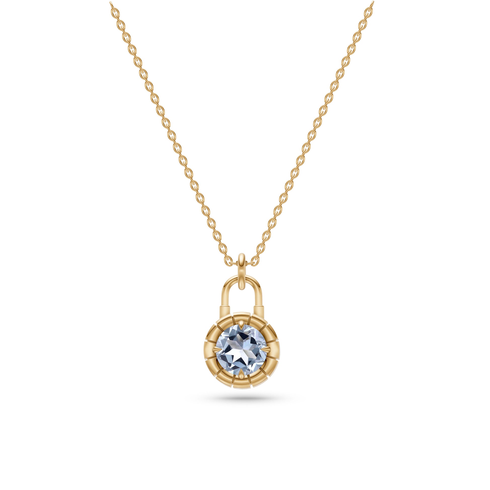 Aquamarine Lock Pendant Necklace In 14K Gold