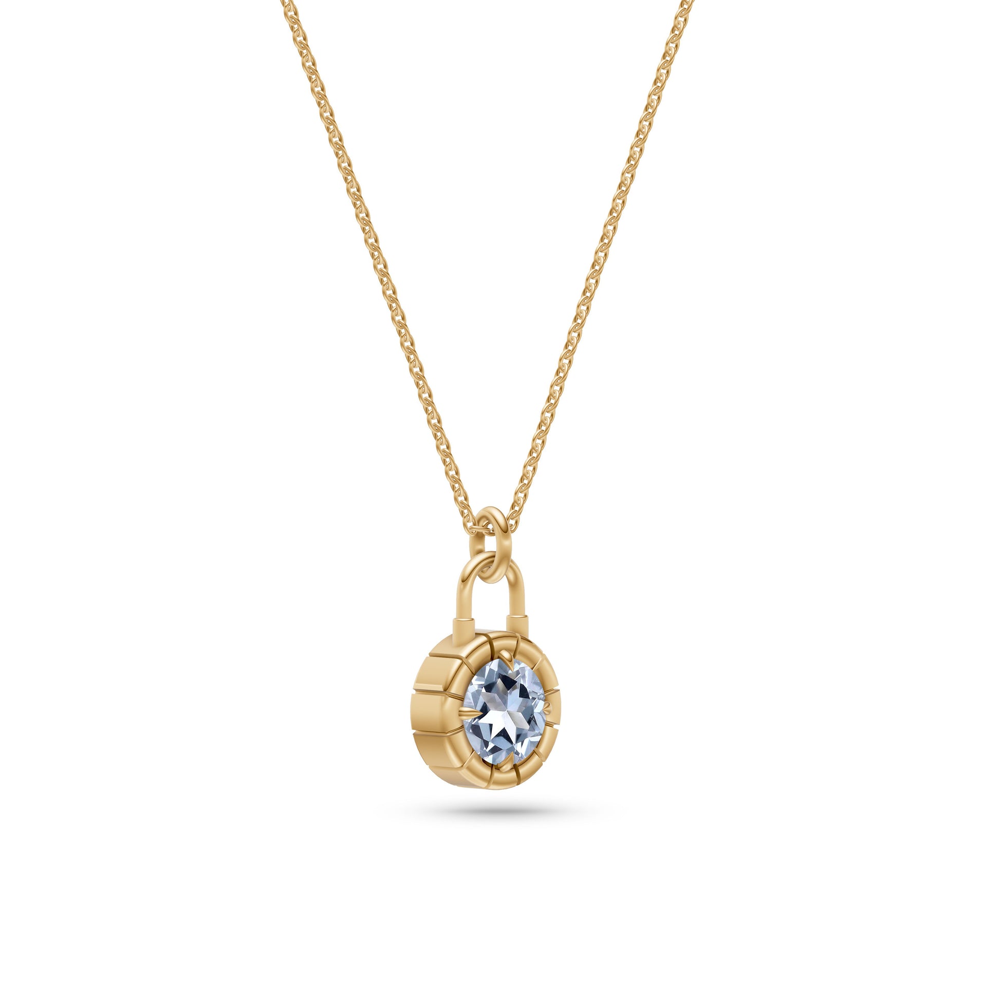 Aquamarine Lock Pendant Necklace In 14K Gold