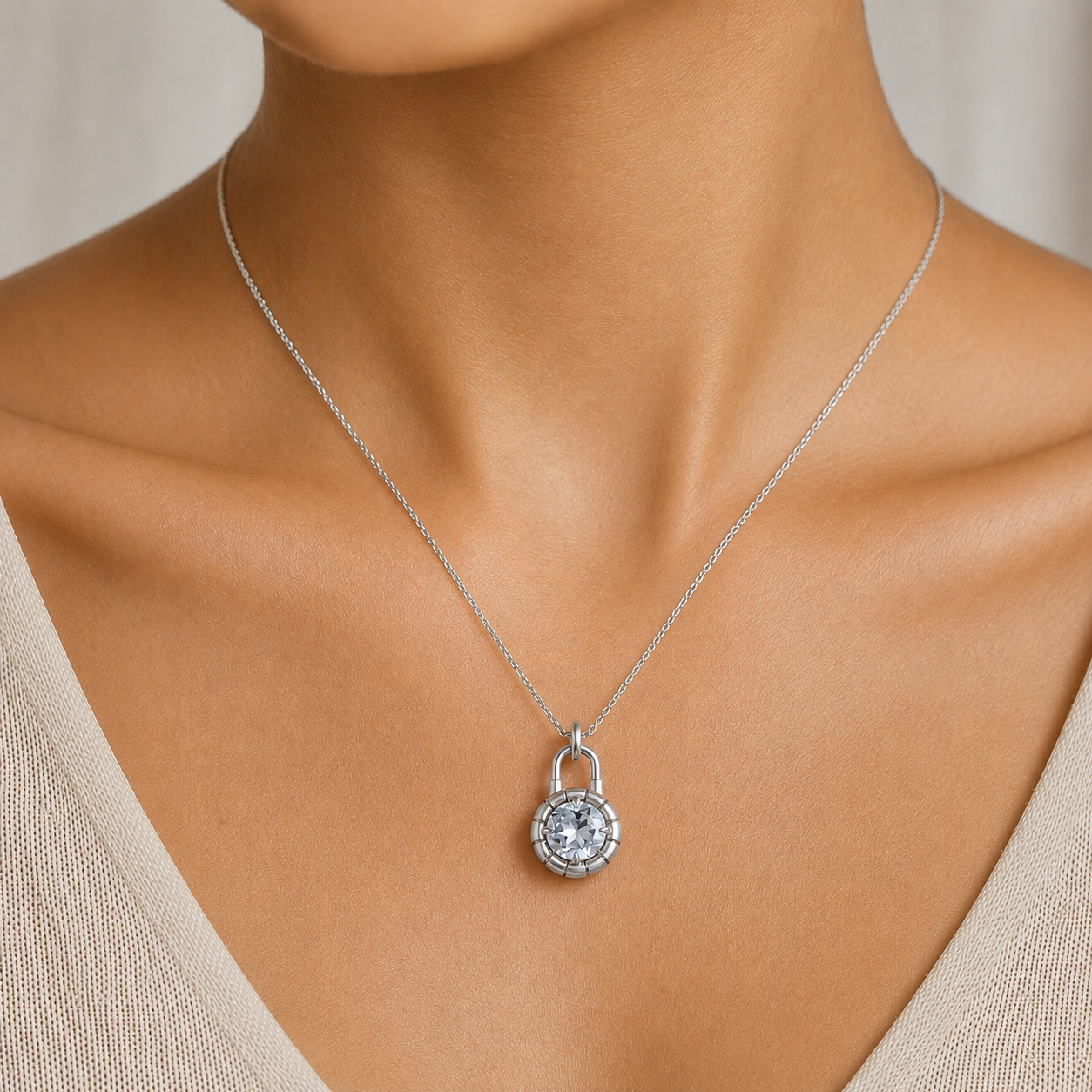 Aquamarine Lock Pendant Necklace In 14K Gold