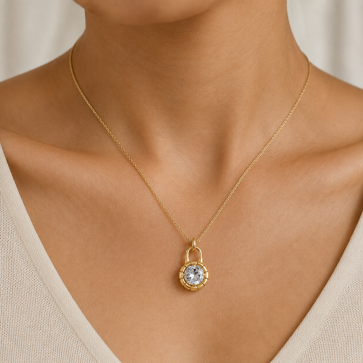 Aquamarine Lock Pendant Necklace In 14K Gold