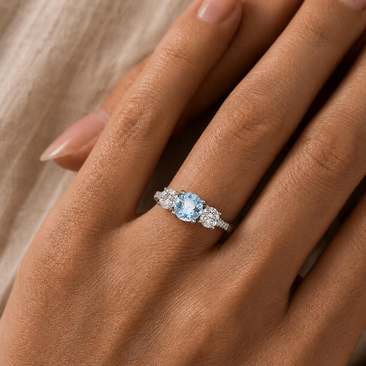 Aquamarine Luxe Three Stone Diamond Ring In 14K Gold