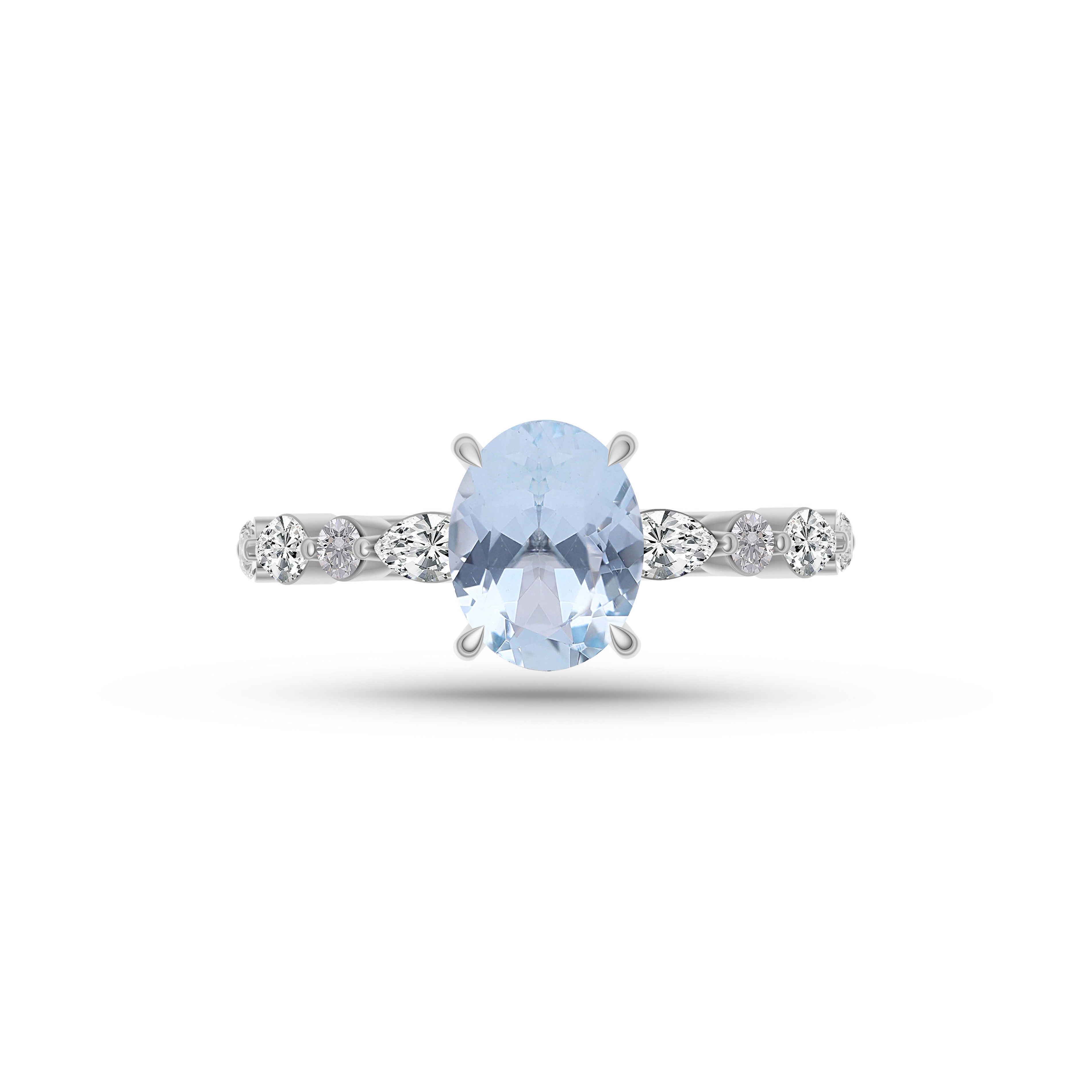 Aquamarine Oval Shaped Gemstone Diamond Ring In 14K Gold