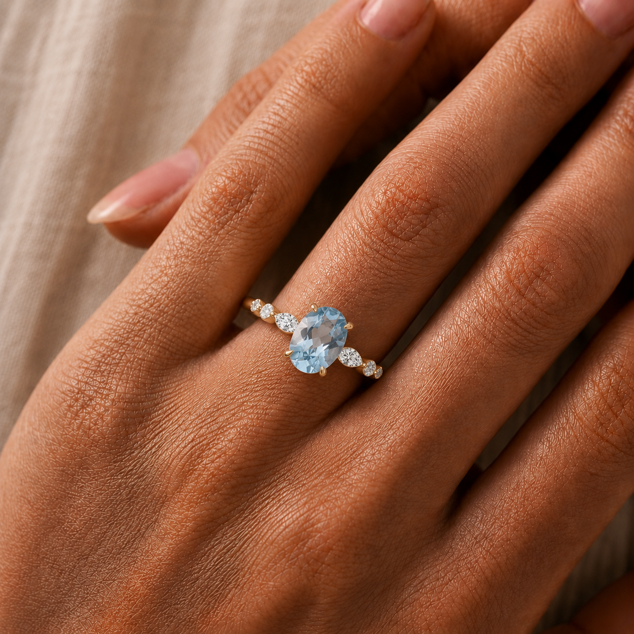 Aquamarine Oval Shaped Gemstone Diamond Ring In 14K Gold