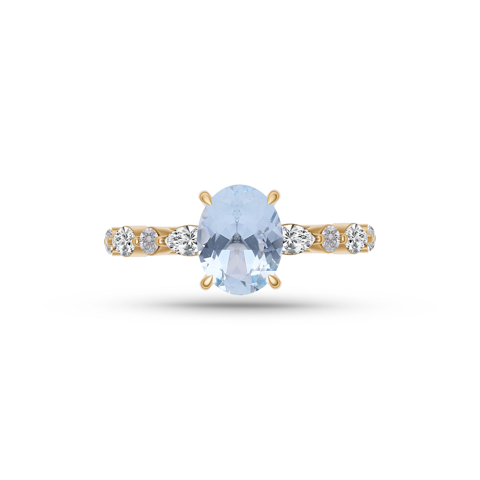 Aquamarine Oval Shaped Gemstone Diamond Ring In 14K Gold