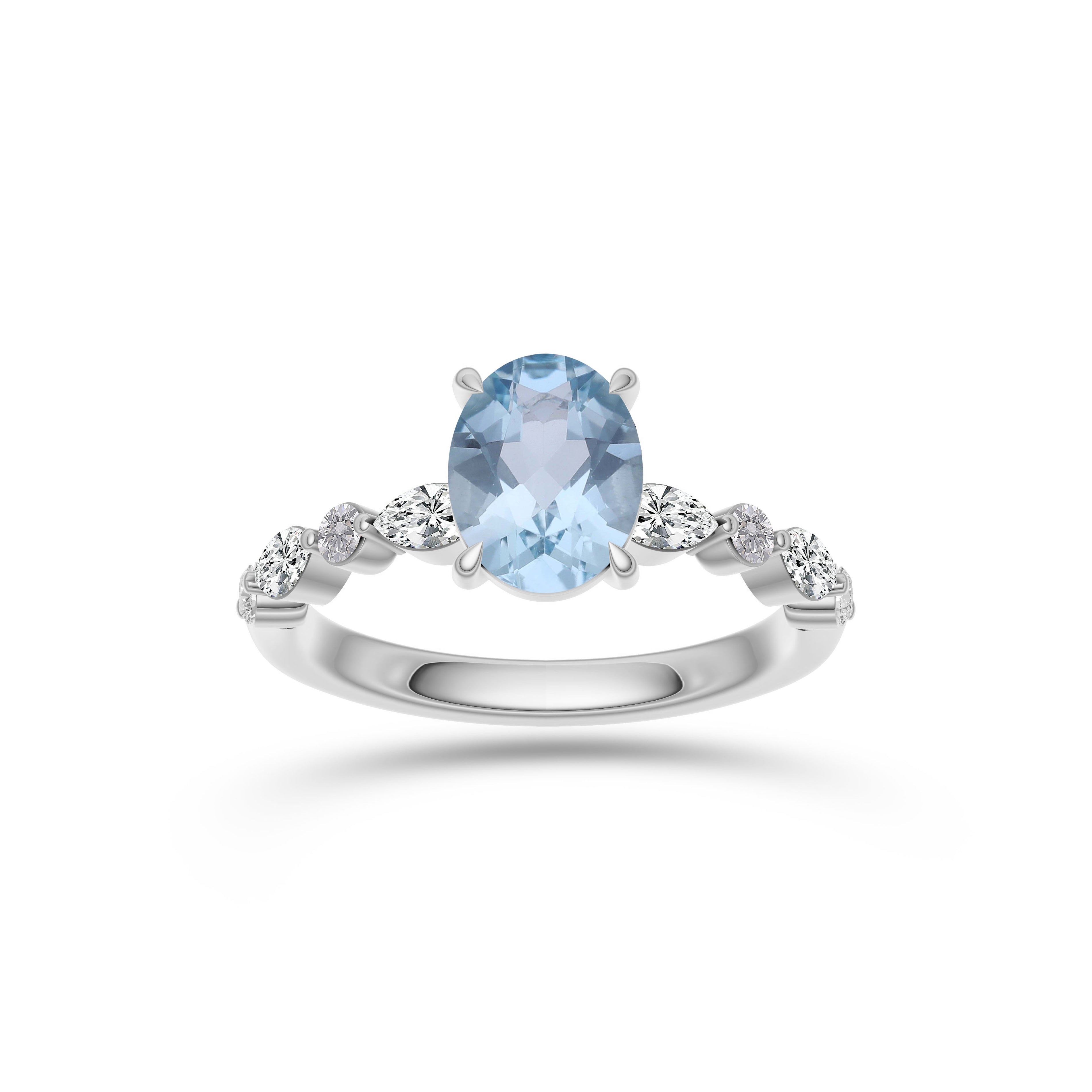 Aquamarine Oval Shaped Gemstone Diamond Ring In 14K Gold