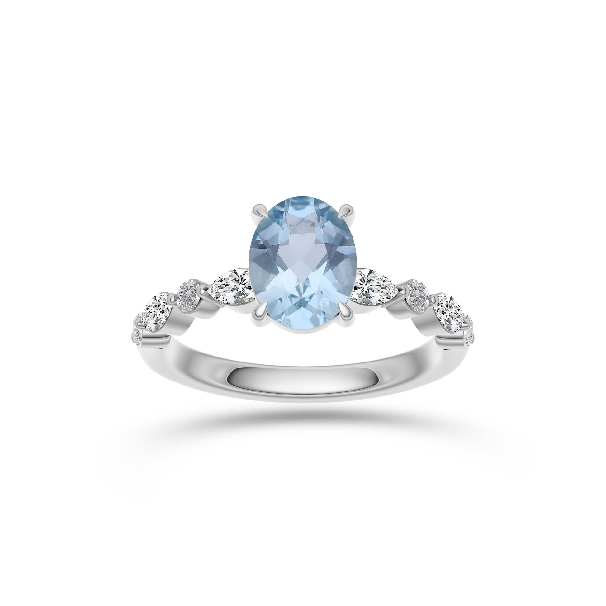 Aquamarine Oval Shaped Gemstone Diamond Ring In 14K Gold