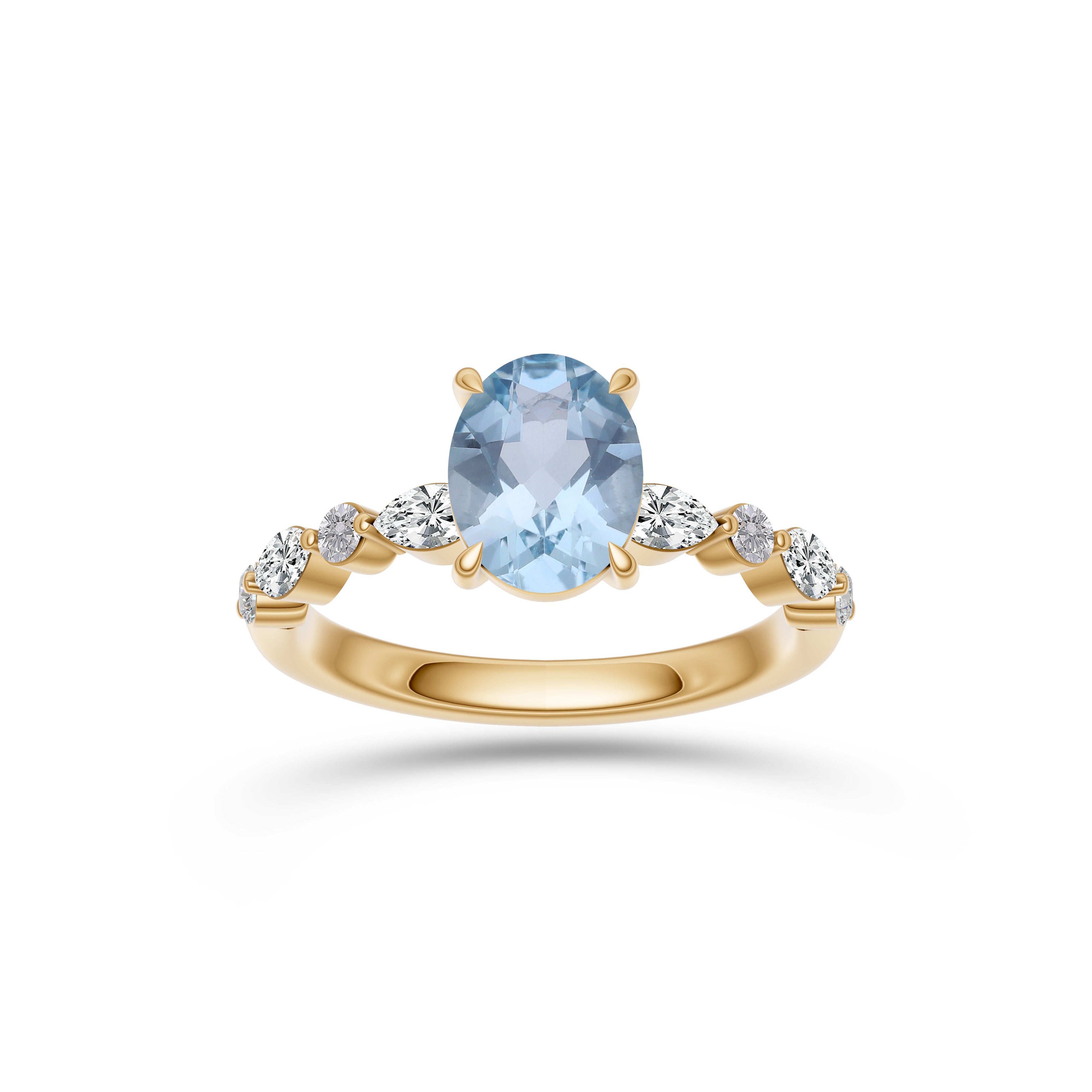 Aquamarine Oval Shaped Gemstone Diamond Ring In 14K Gold