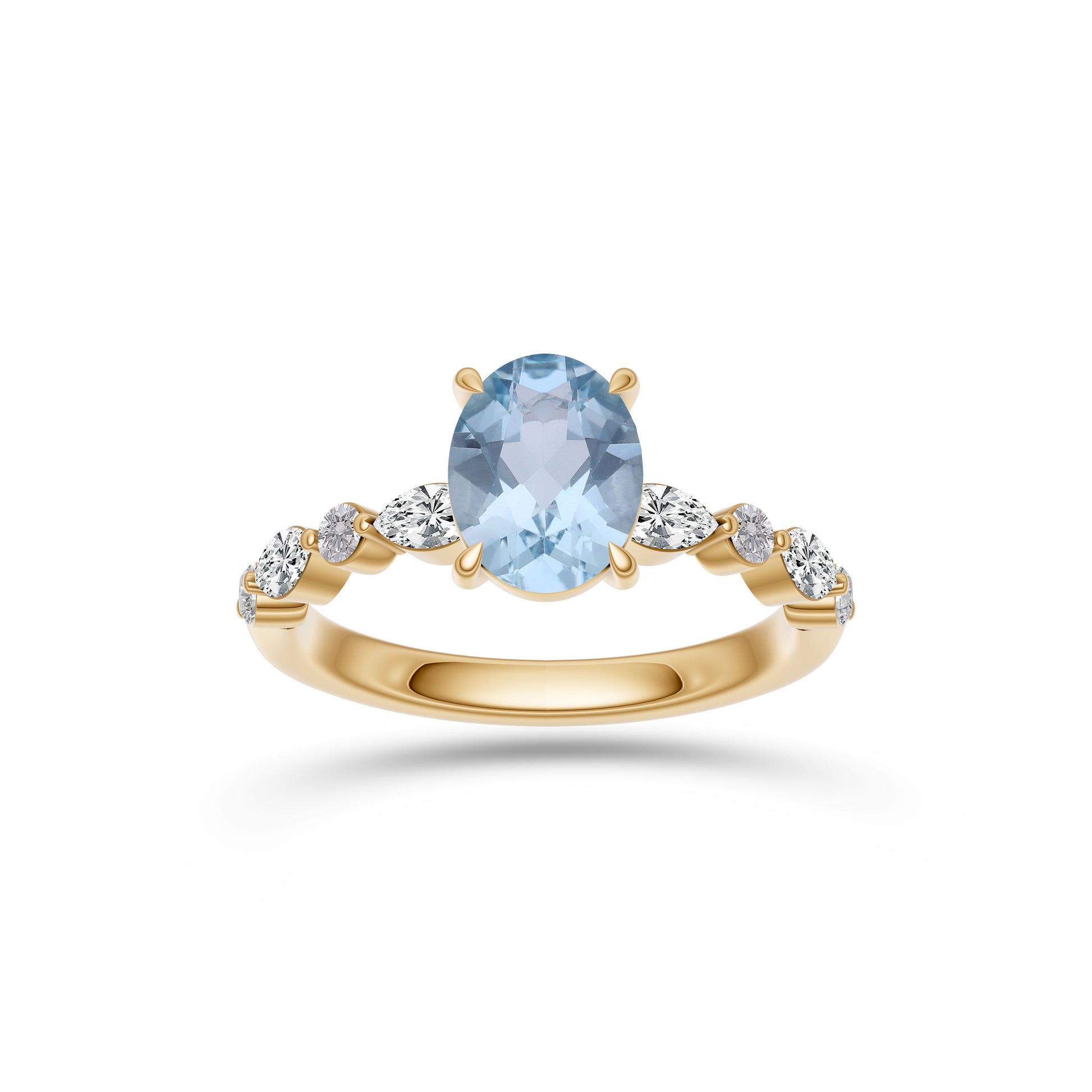 Aquamarine Oval Shaped Gemstone Diamond Ring In 14K Gold