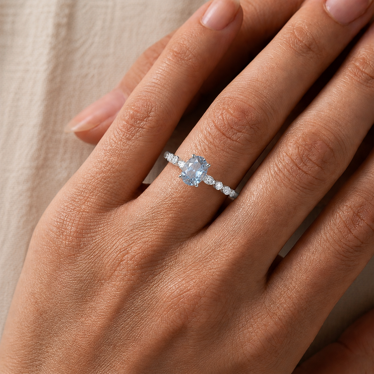 Aquamarine Oval Shaped Gemstone Diamond Ring In 14K Gold