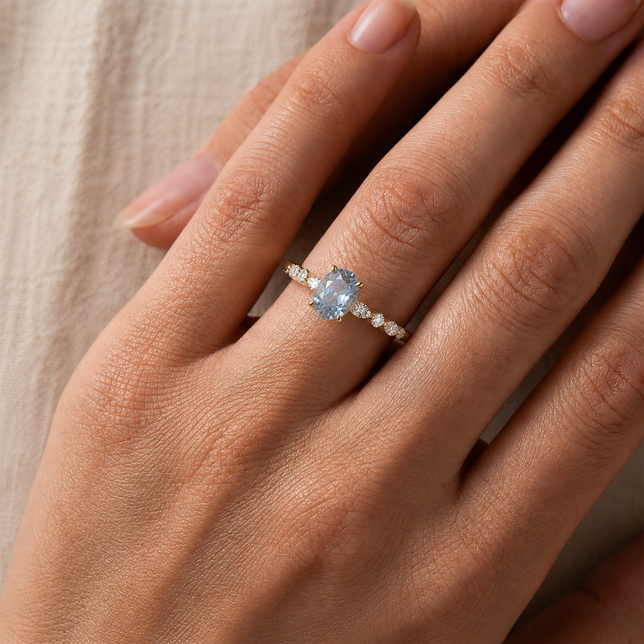 Aquamarine Oval Shaped Gemstone Diamond Ring In 14K Gold
