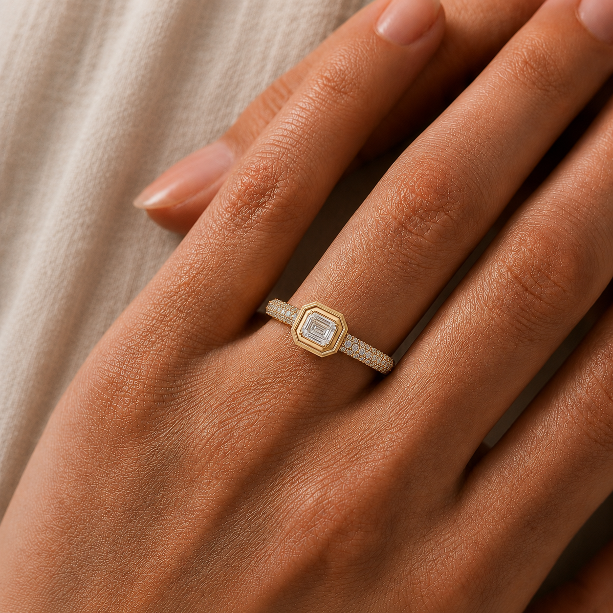 Aurelius Emerald Cut Diamond Bezel Ring in 14K Gold