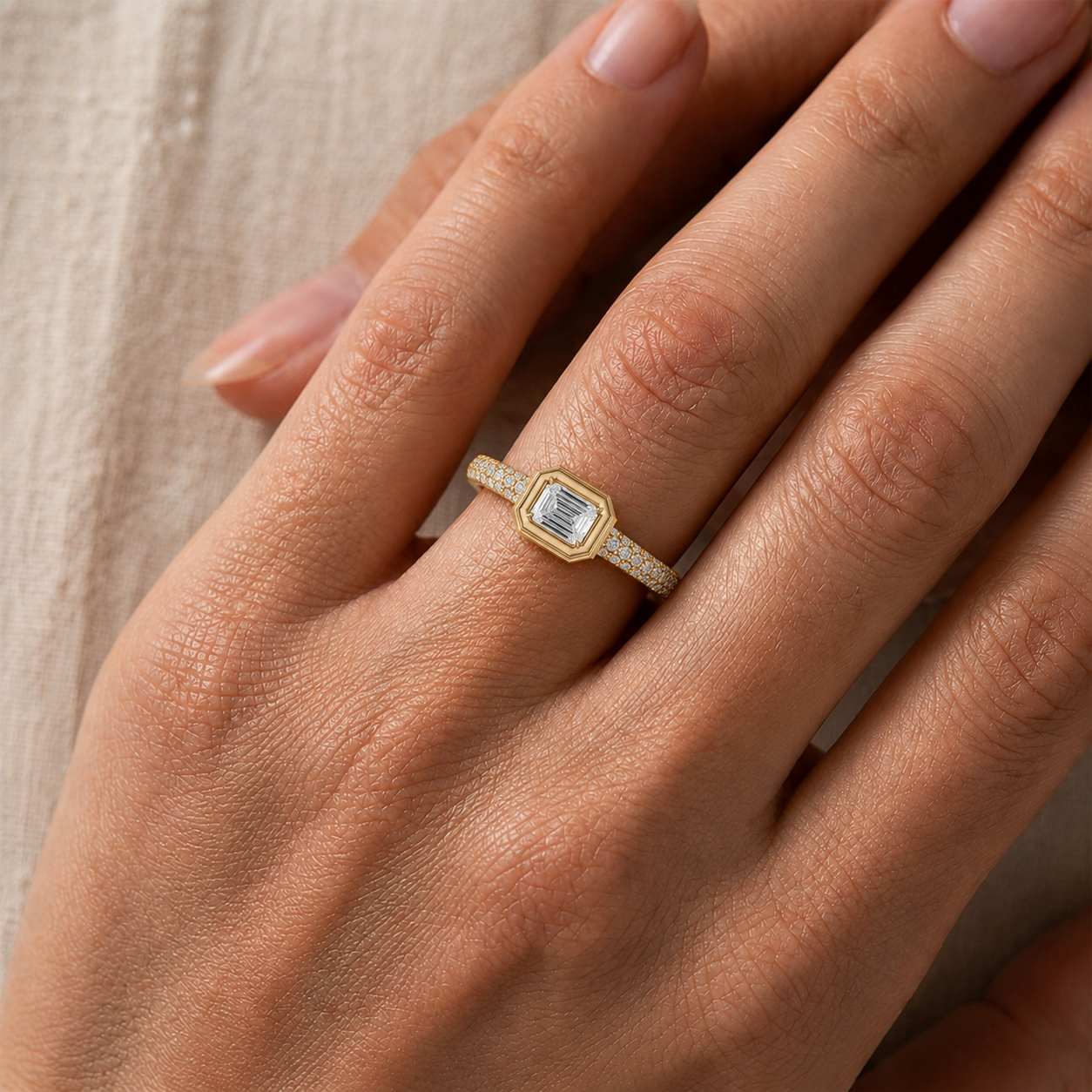 Aurelius Emerald Cut Diamond Bezel Ring in 14K Gold