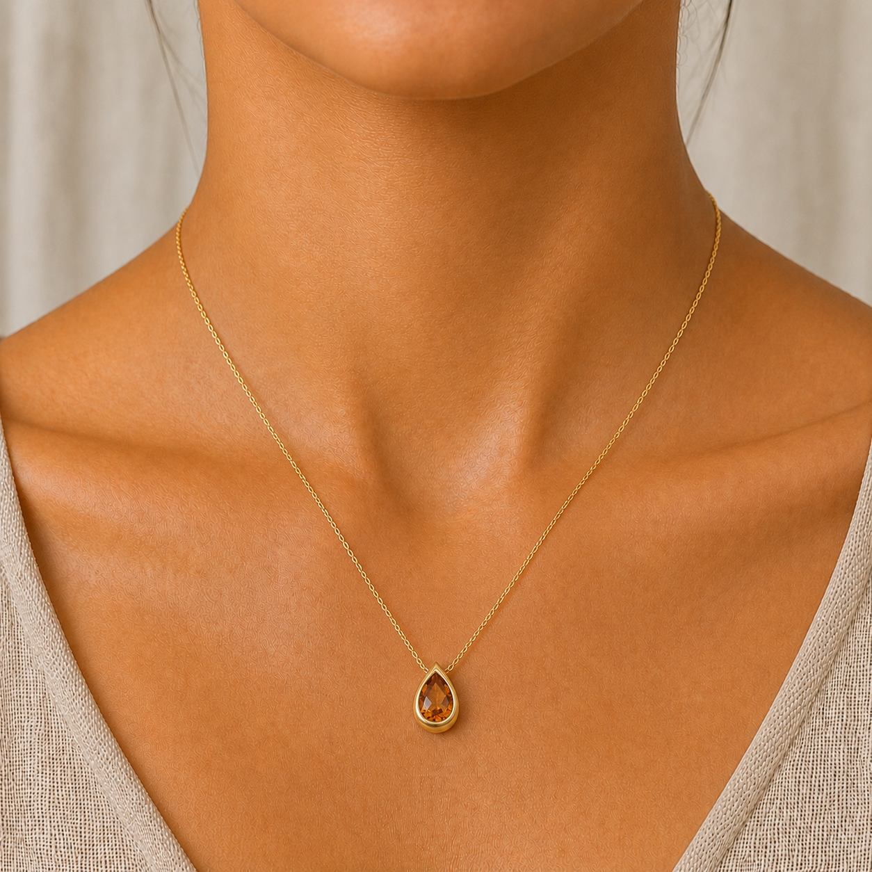 Aurora Pear Citrine Bezel Pendant in 14K White Gold