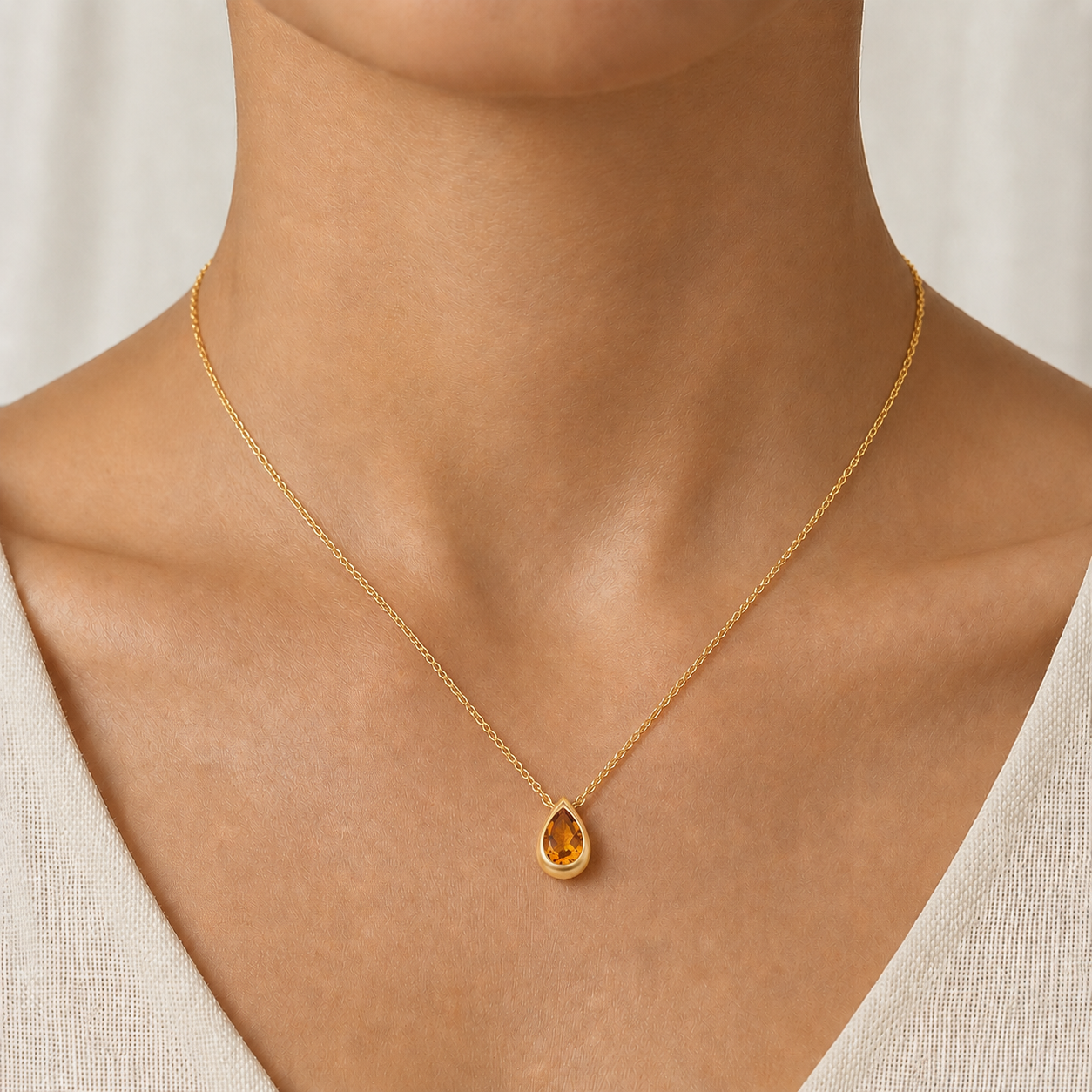 Aurora Pear Citrine Bezel Pendant in 14K White Gold