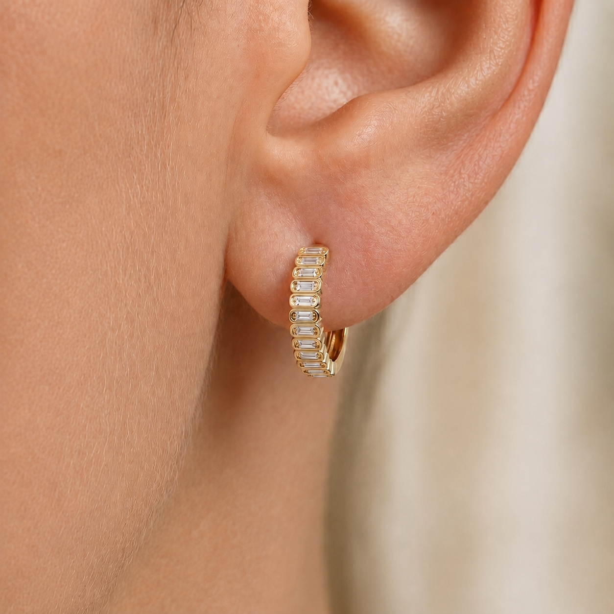 Baguette Diamond Huggie Hoop Earrings in 14K Gold