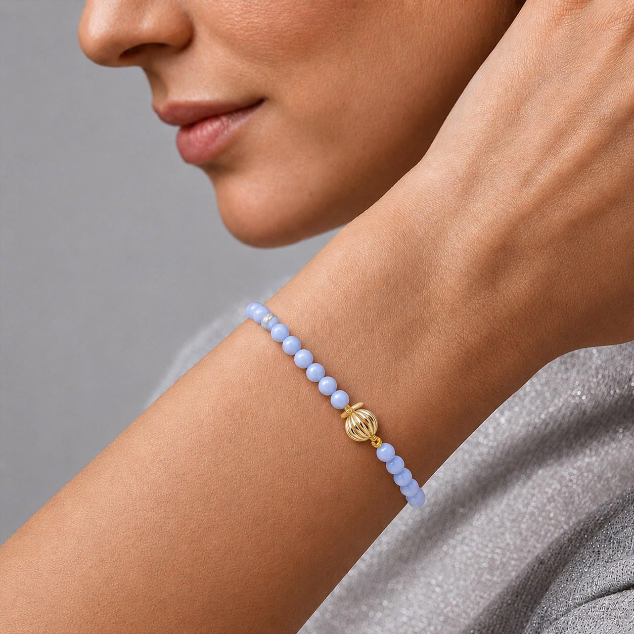 Blue Lace Agate Bead Bracelet In 14K Gold