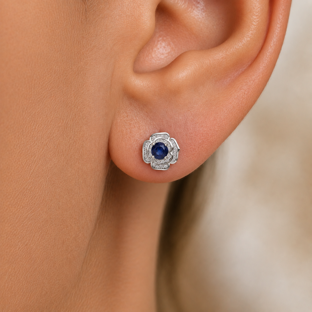 Blue Sapphire Blossom Diamond Stud Earrings In 14K Gold