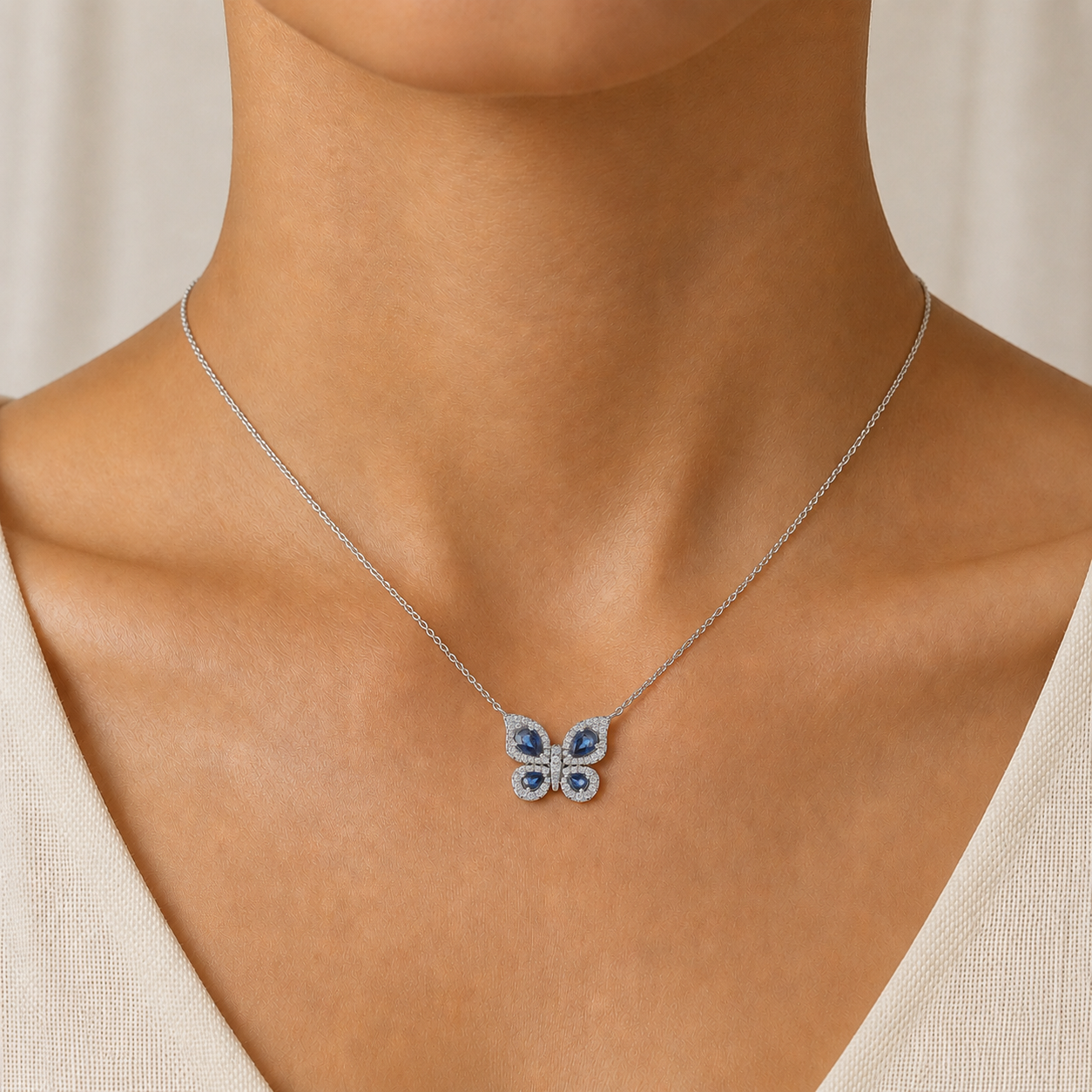 Blue Sapphire Butterfly Diamond Necklace in 18K Gold