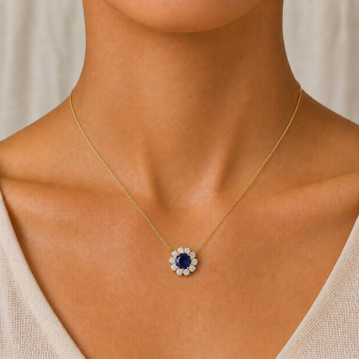 Blue Sapphire Daisy Floral Necklace in 18K Gold