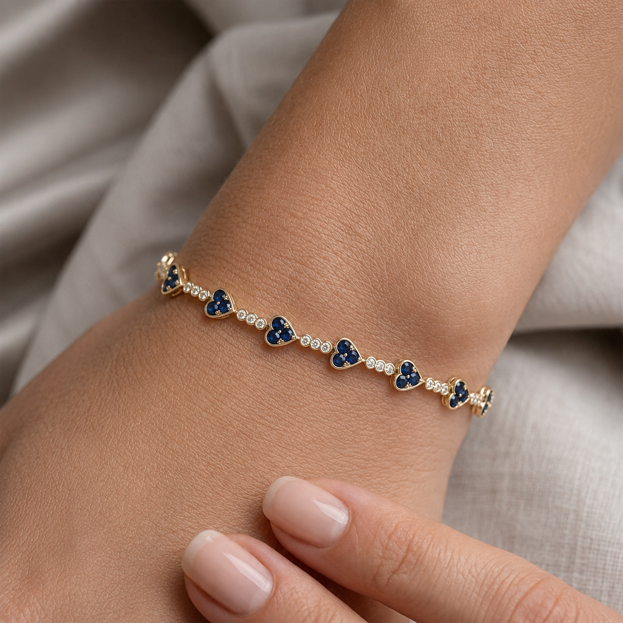 Blue Sapphire Heart Link Bracelet in 14K Gold