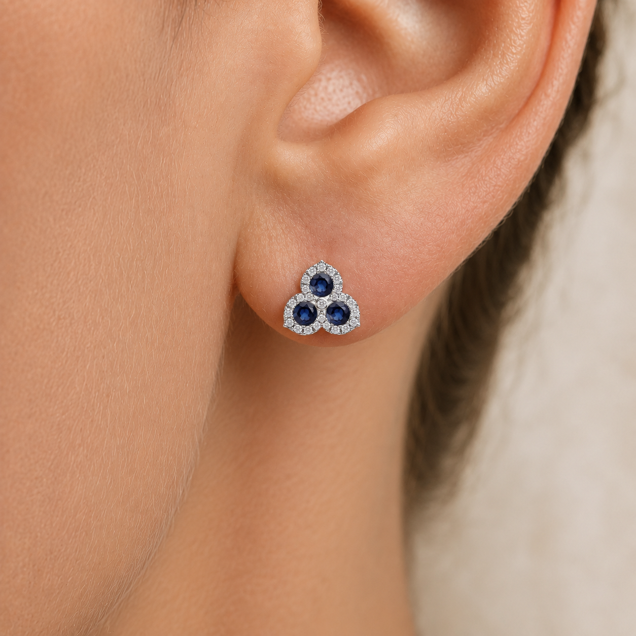 Blue Sapphire Trinity Diamond Halo Stud Earrings In 18K Gold
