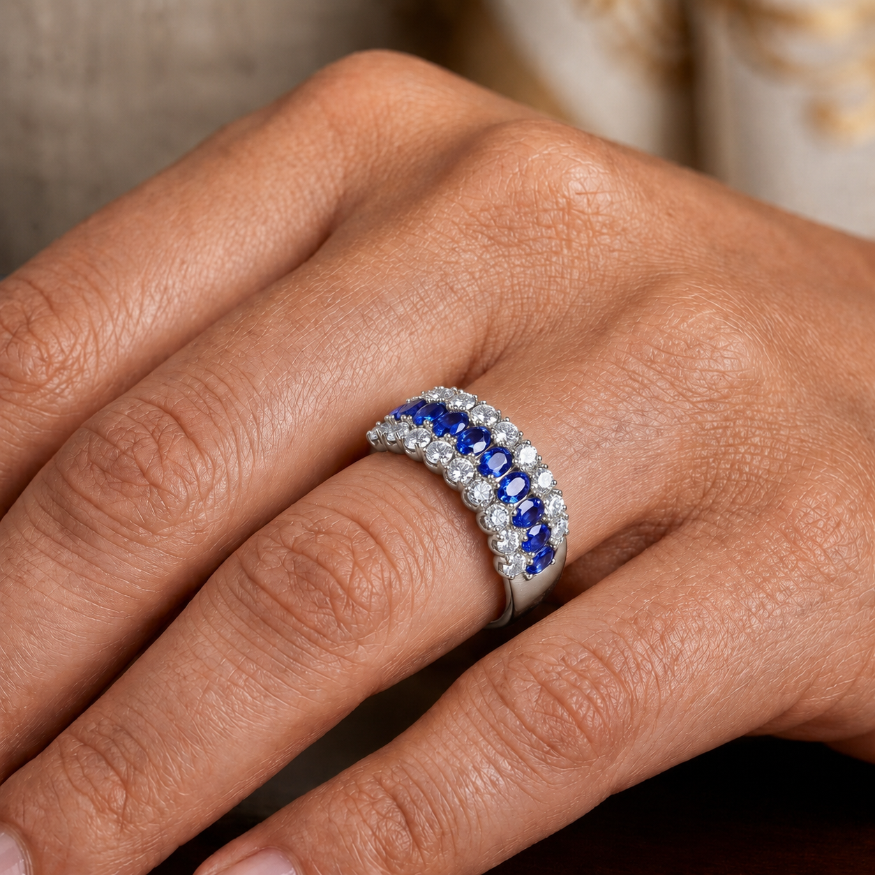 Blue Sapphire and Diamond Eclipse Ring in 18K Gold