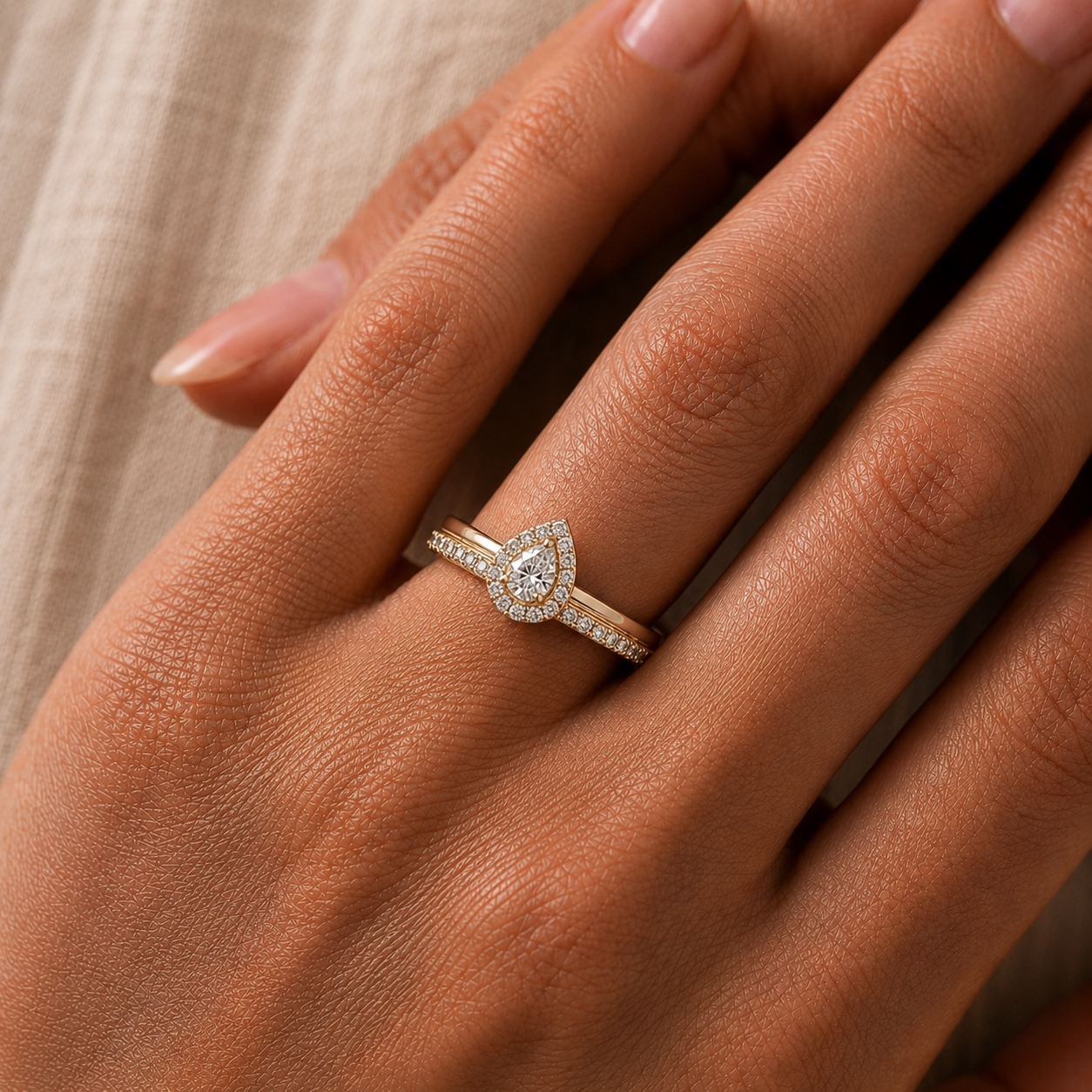 Celestia Diamond Double Band Pear Ring in 14K Gold