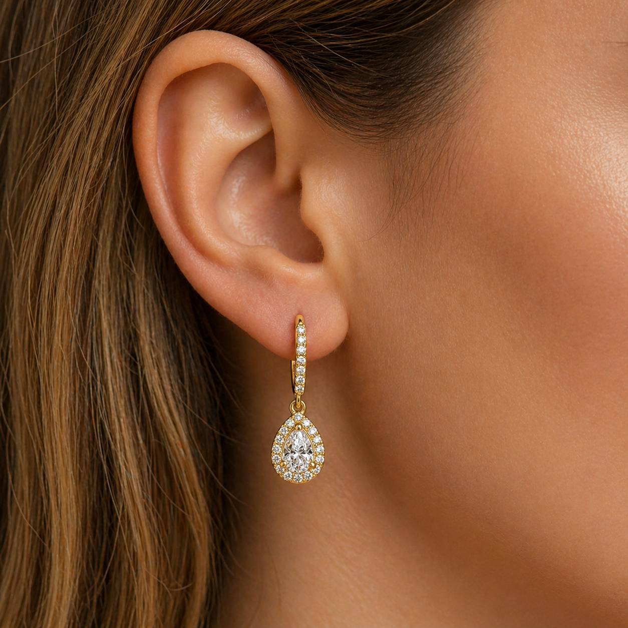 Pear Halo Natural Diamond Earrings In 14K Gold