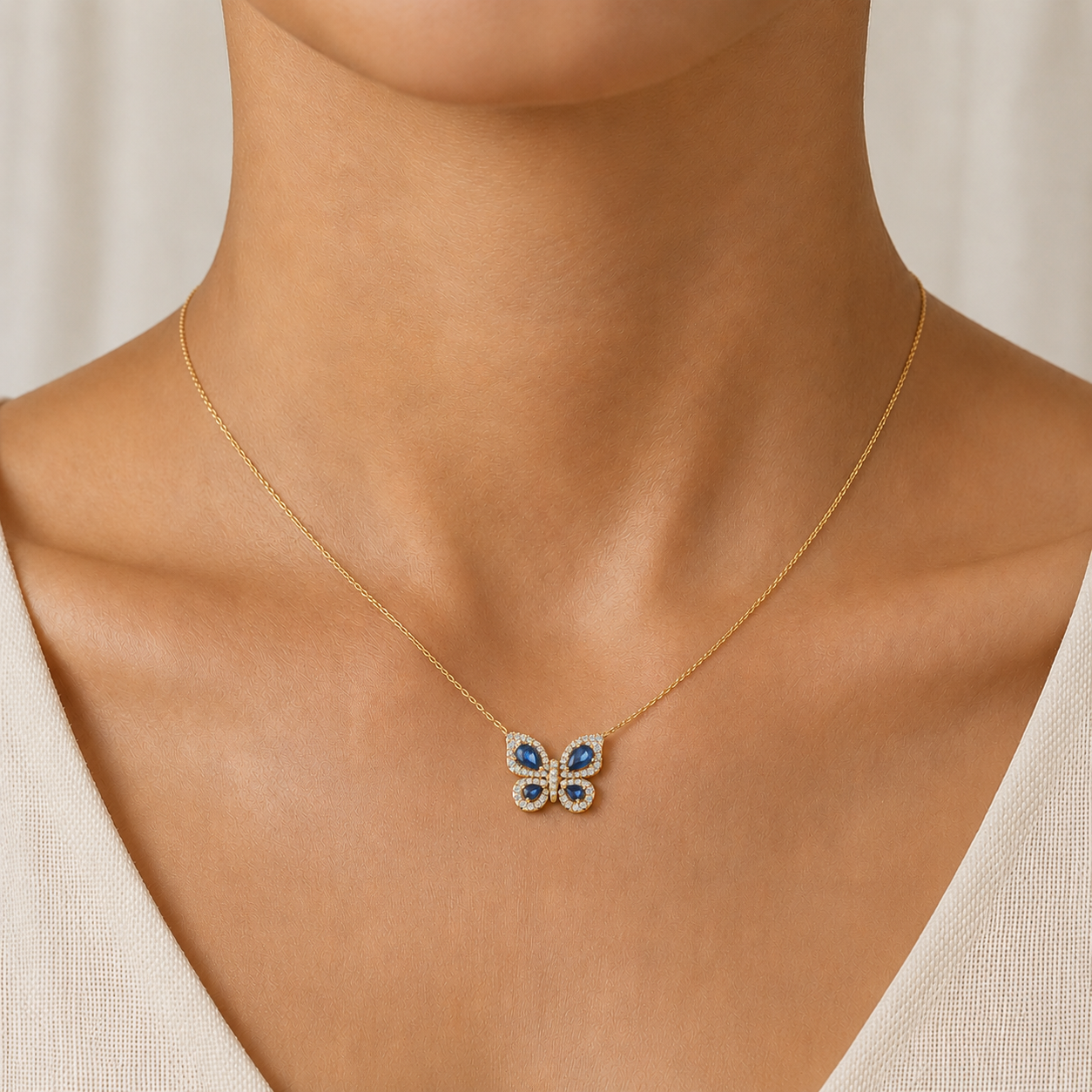 Blue Sapphire Butterfly Diamond Necklace in 18K Gold