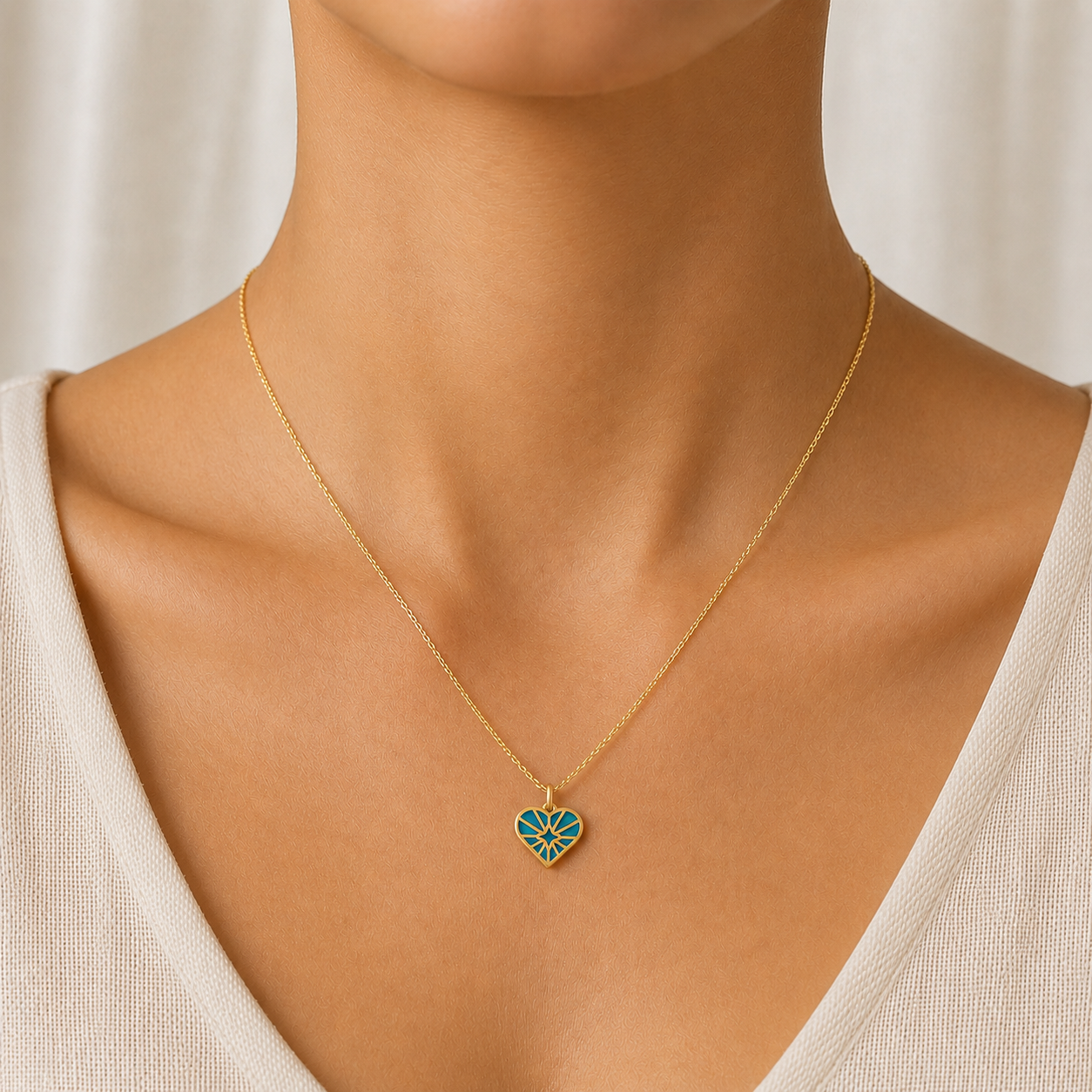 Turquoise Sunburst Heart Necklace In 14K Gold