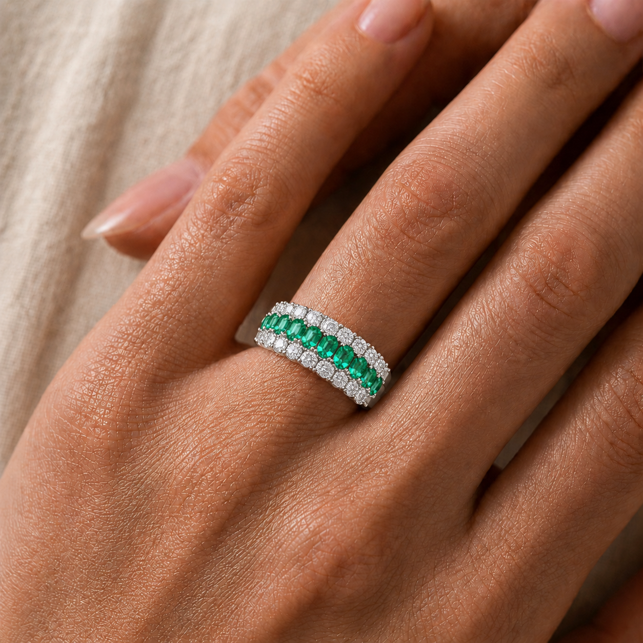 Emerald and Diamond Regal Band Ring in 18K Gold