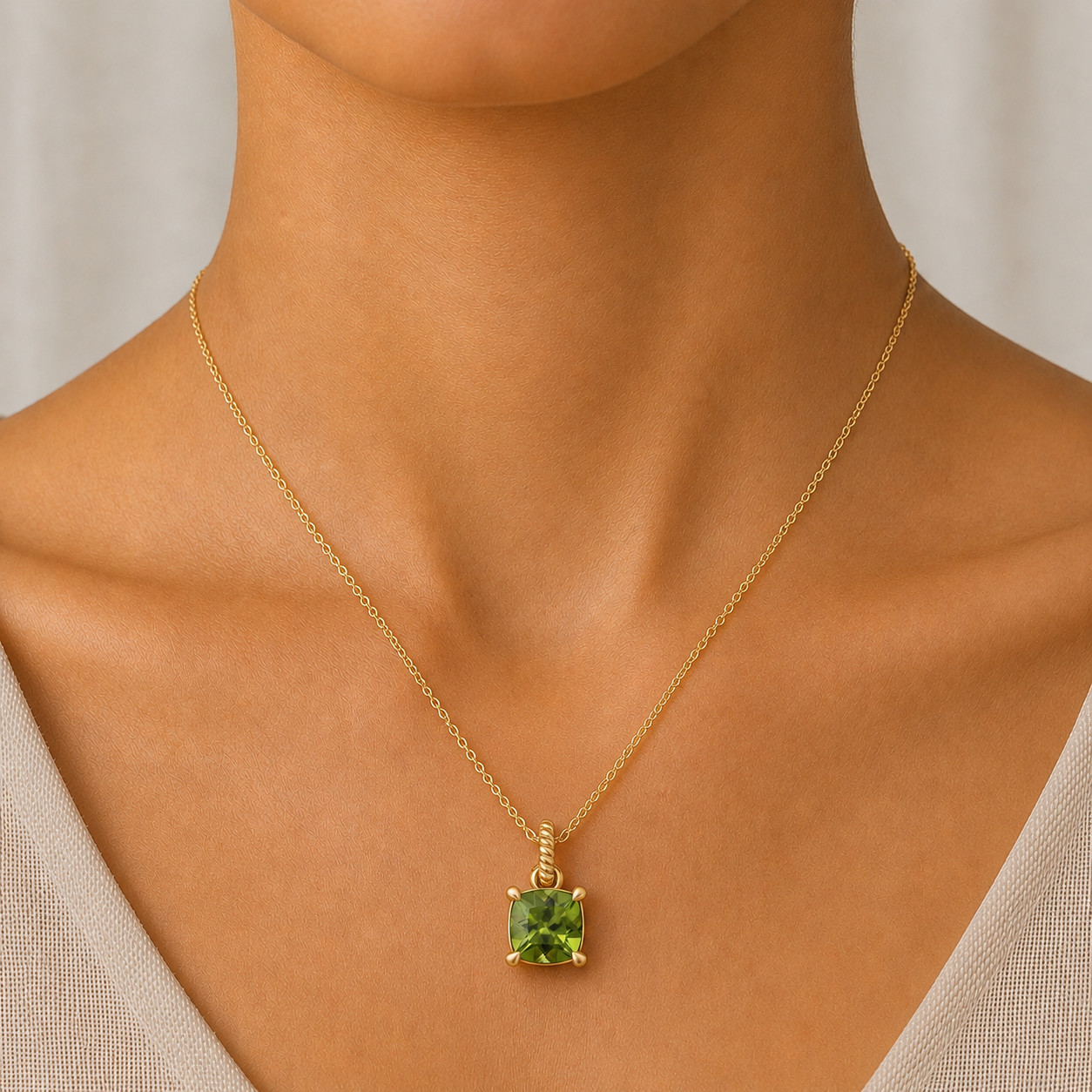 Cushion-Cut Peridot Necklace in 14K Gold