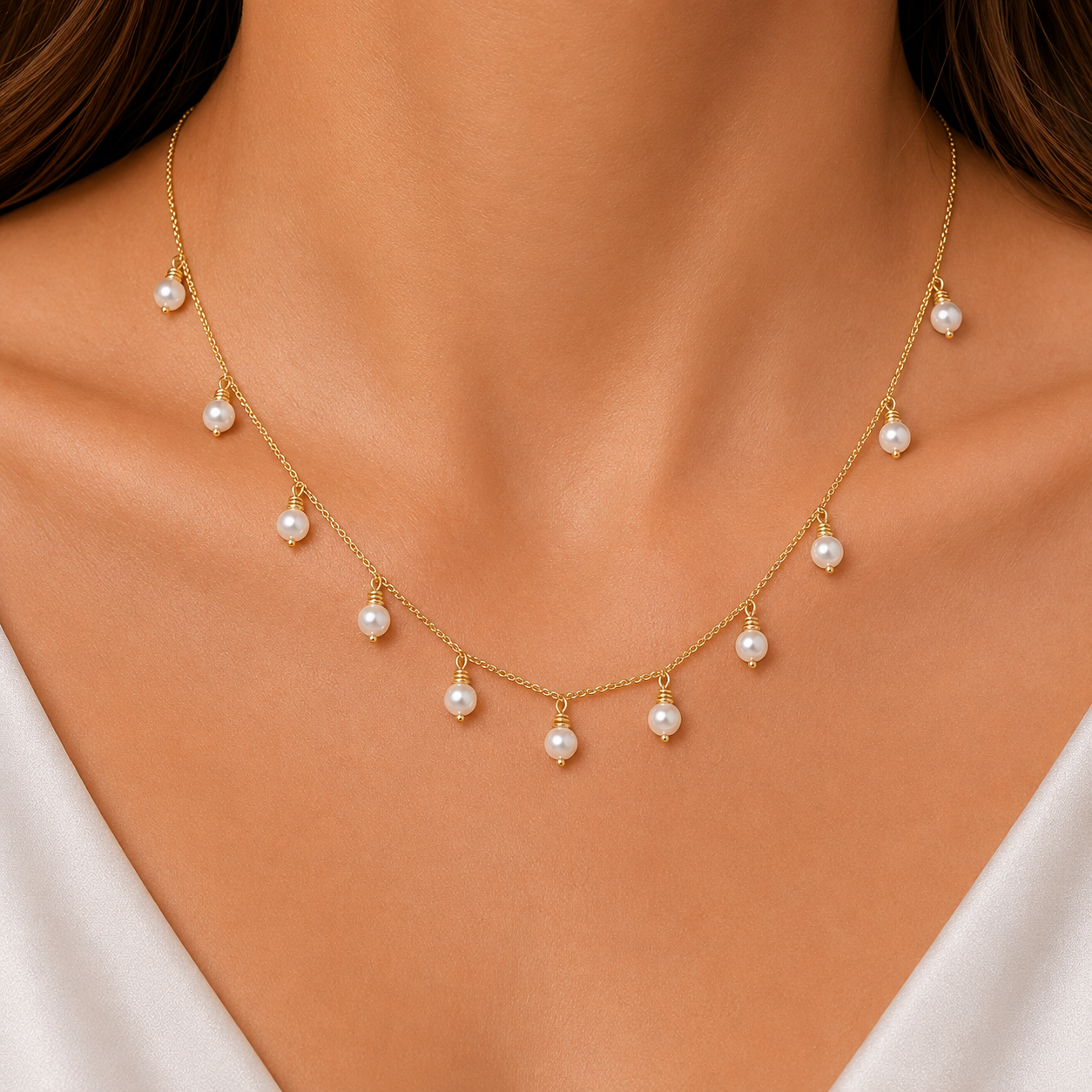 Cultured Freshwater Pearl Station Necklace in 14K Gold