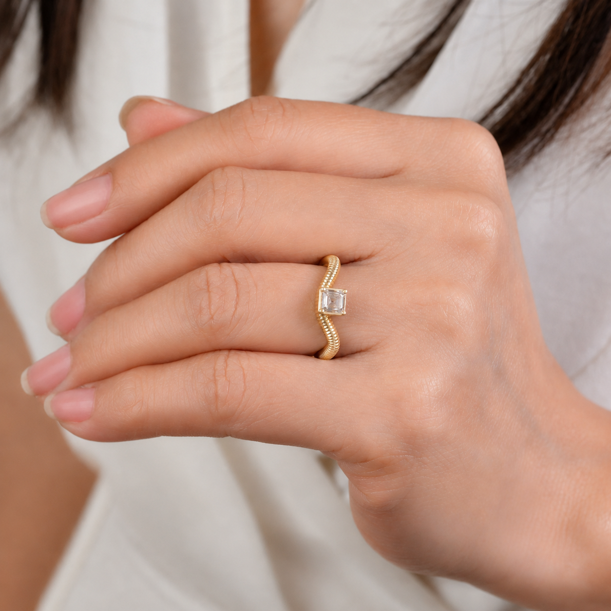 Emerald-Cut Diamond Ring with Textured Band in 14K Gold