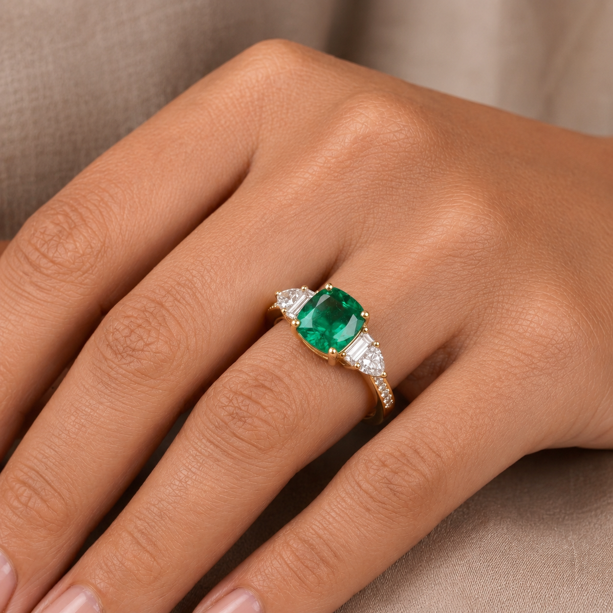 Classic Emerald Cushion & Diamond Ring In 14K Gold