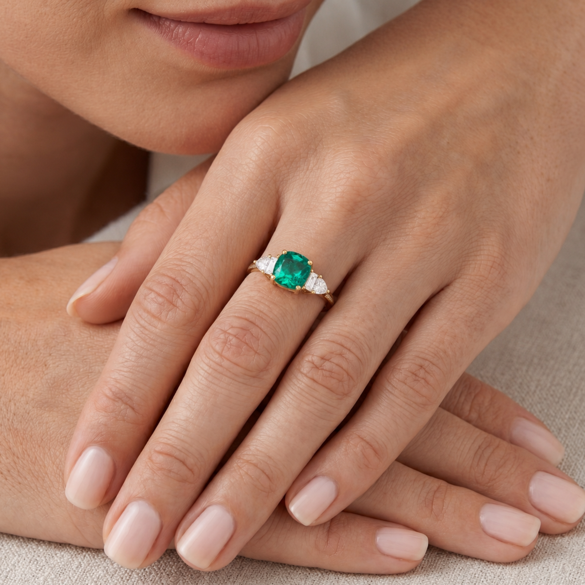 Classic Emerald Cushion & Diamond Ring In 14K Gold
