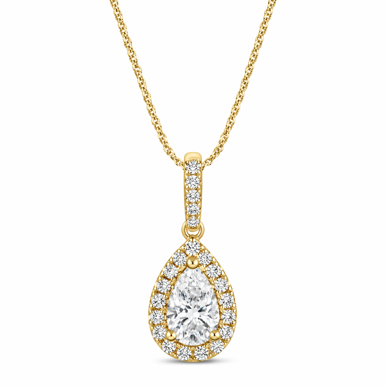 Lumière Pear Halo Pendant Necklace in 14K Gold