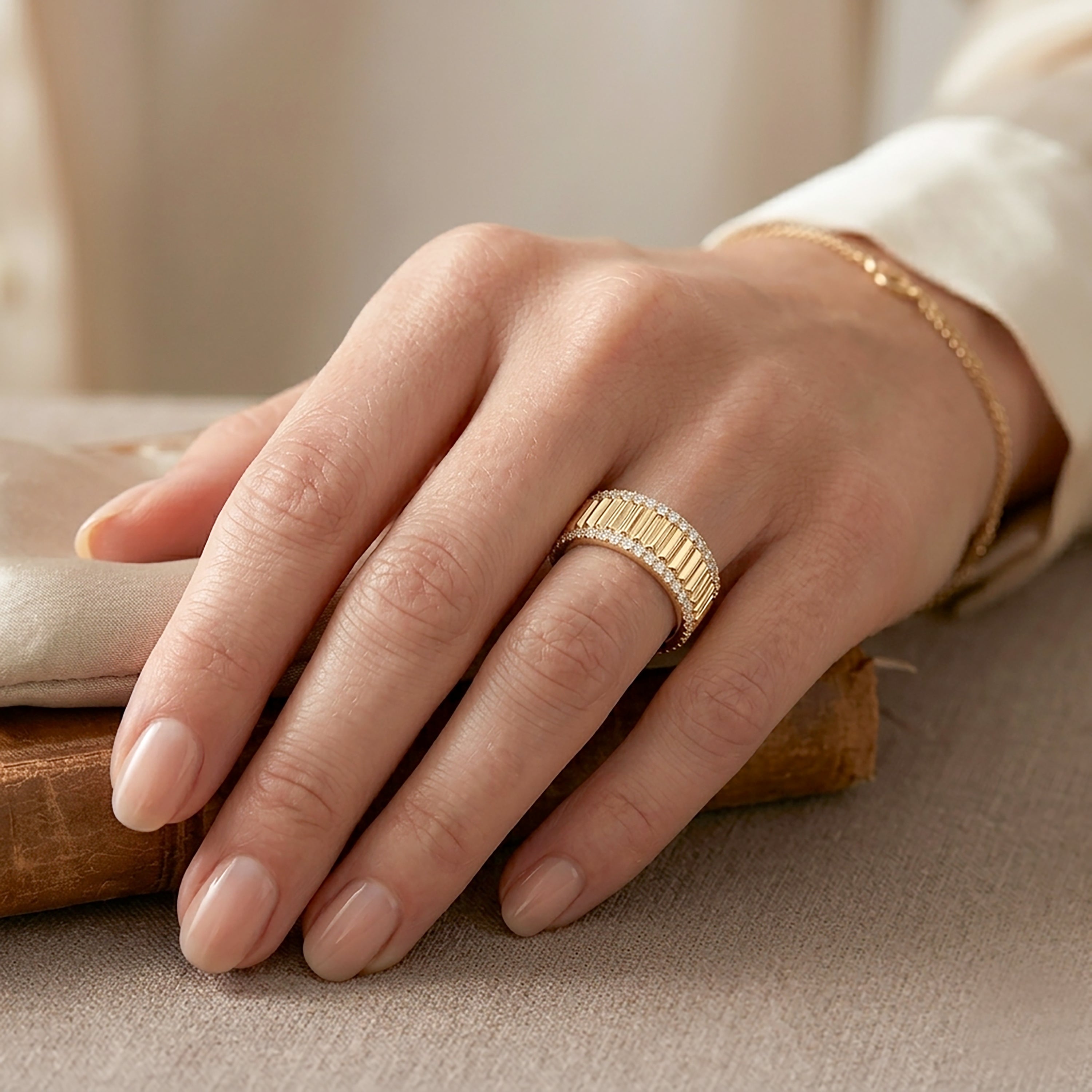 Ridged Diamond Band Ring in 14K Gold